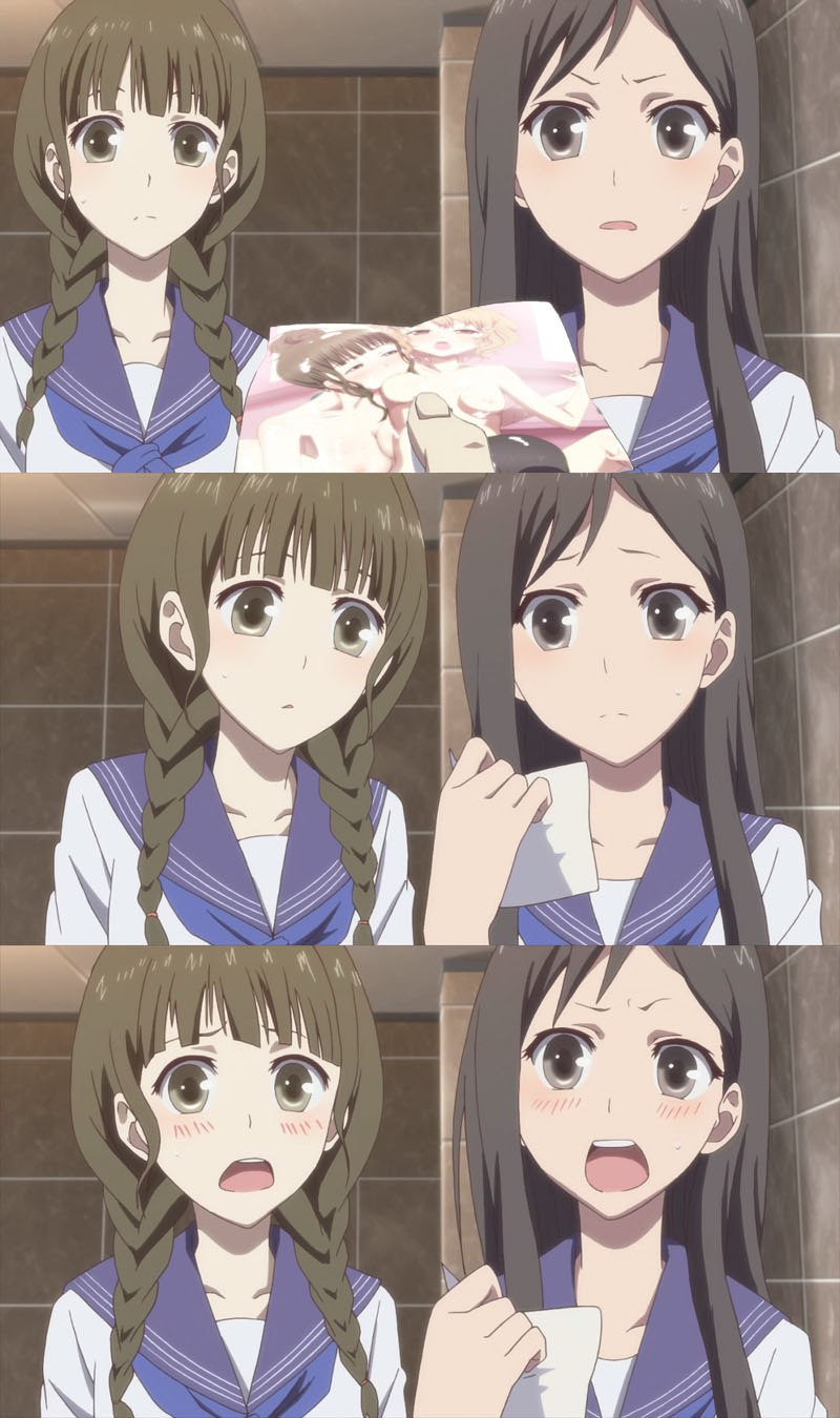 3girls armpits black_hair breast_sucking breasts brown_eyes censored clothing collarbone cunnilingus female flower group_sex hair hair_flower hair_ornament hair_up hanasaku_iroha holding_hands long_hair matsumae_ohana multiple_girls nipples nude open_mouth oppai oral oshimizu_nako school_uniform sex short_hair suds sutekisuteki threesome tsurugi_minko wavy_hair wet yuri