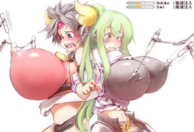 2girls armor arms_linked back_to_back belly blush breasts brown_eyes confused cowbell erect_nipples female green_hair horns huge_breasts inflation lactation milk milking moo_bitch multiple_girls navel nipples open_mouth oppai sachito silver_hair surprised syringe women_livestock worried yellow_eyes