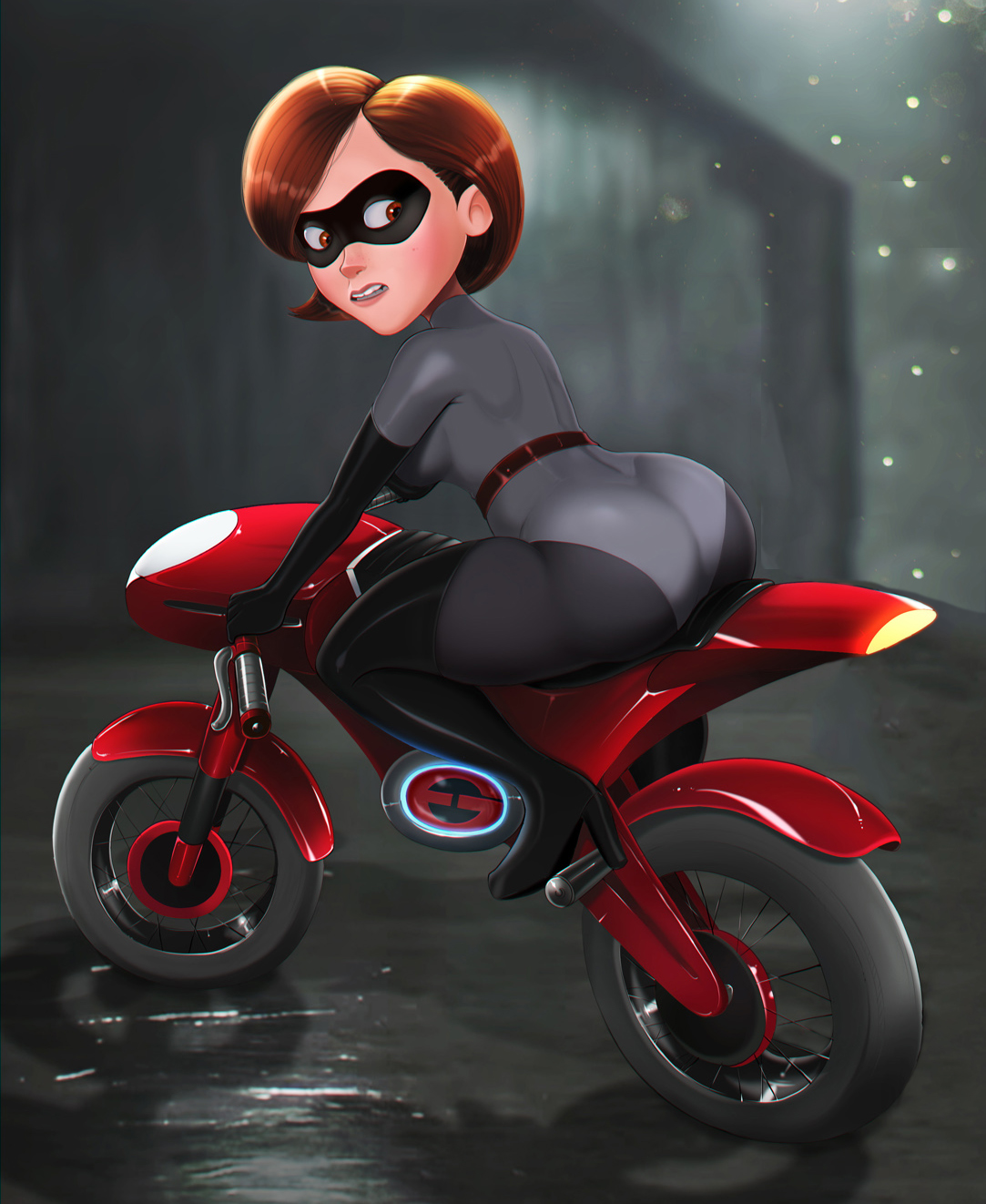 alternate costume, armwear, ass, big ass, bodysuit, clothed, clothing, curvy, disney, edit, elastigirl, elastigirl (the incredibles 2 supersuit), eyewear, female, female only, footwear, fully clothed, handwear, helen parr, legwear, mask, milf, motorbike, motorcycle, pixar, shadman, short hair, smooth skin, solo, the incredibles, the incredibles 2, tight clothes