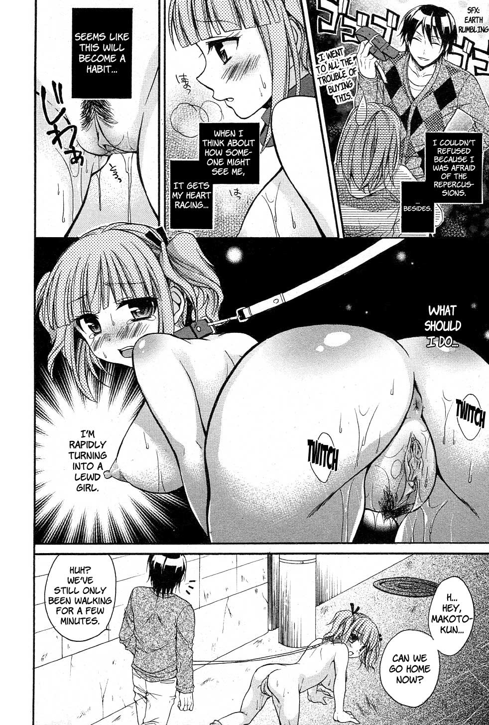 all_fours ass blush comic dog_collar dog_leash extreme_content humiliation like_a_dog monochrome nude oppai public_nudity text tied_hair translated tsubakiya_meguru twintails vagina