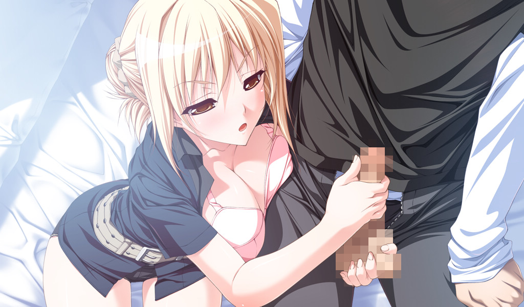 1boy 1girls blonde_hair blush bra censored cleavage clothing female game_cg handjob large_breasts male penis pressed_against princess_lover princess_lover! silvia_van_hossen tagme tekoki