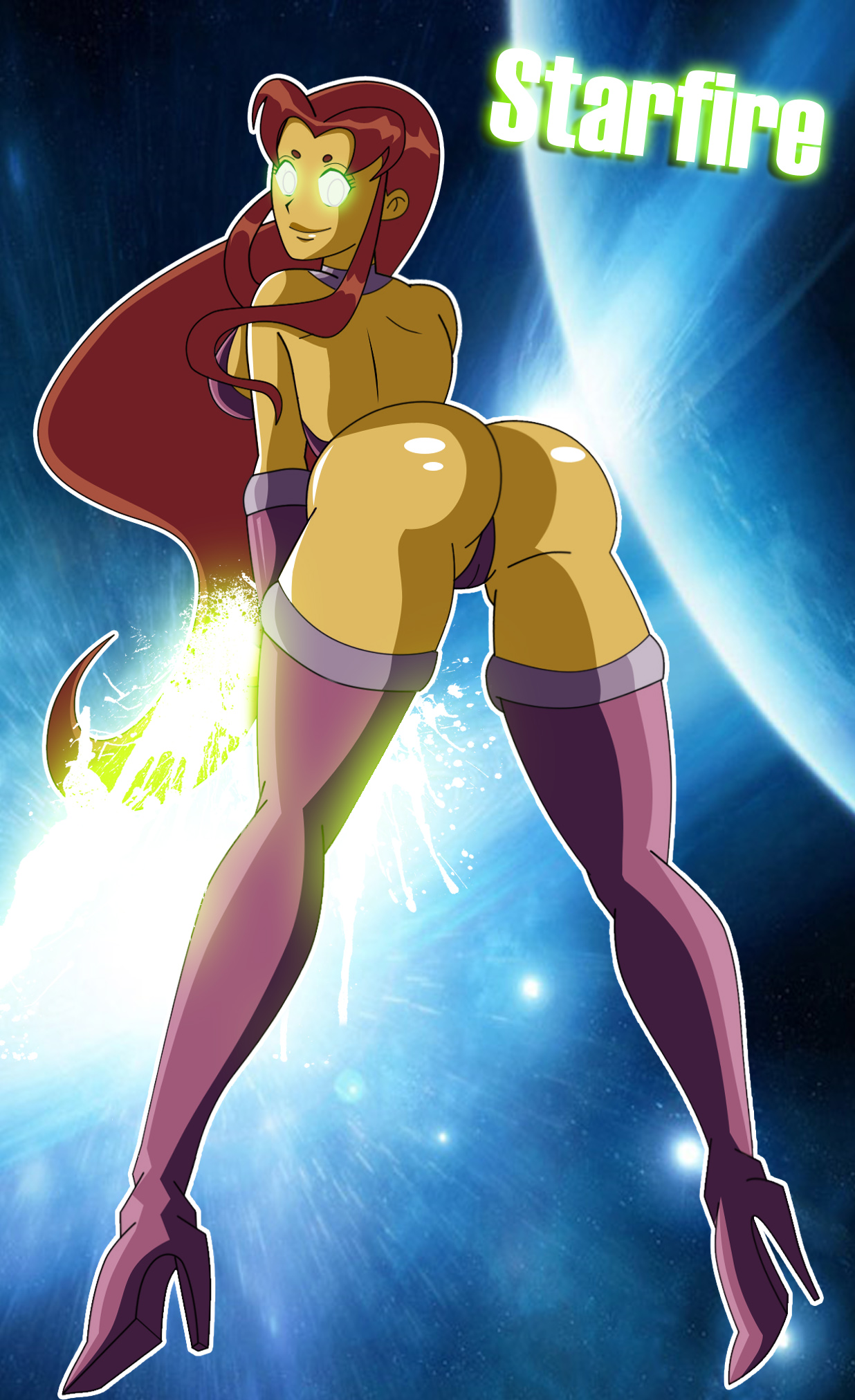 1girls, ass, bent over, big ass, boots, character name, dc, dc comics, female, female only, grimphantom, high heel boots, high heels, koriand'r, lips, solo, starfire, teen titans, text, thigh boots, thigh high boots, thighhigh boots, thong