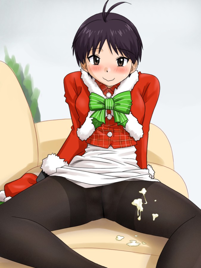 black_eyes black_hair black_legwear blush christmas couch cum cum_on_clothes female female_only human idolmaster makoto_kikuchi no_panties pantyhose purple_bonus sitting smile solo spread_legs