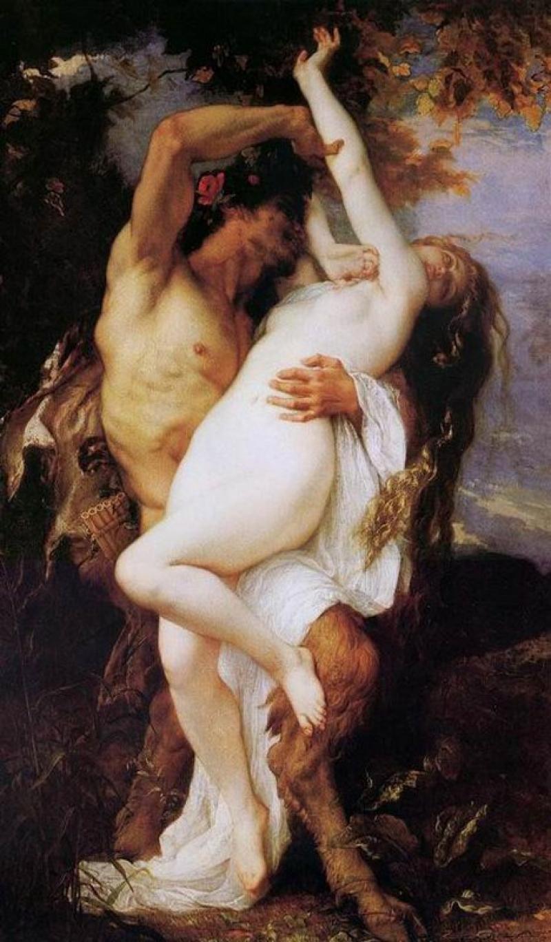 1boy 1girls alexandre_cabanel ancient_greece blonde_hair breasts female fine_art greek_mythology long_hair male monster_boy muscular muscular_male mythology nude nude_female nymph outdoors painting painting_(artwork) satyr traditional_art