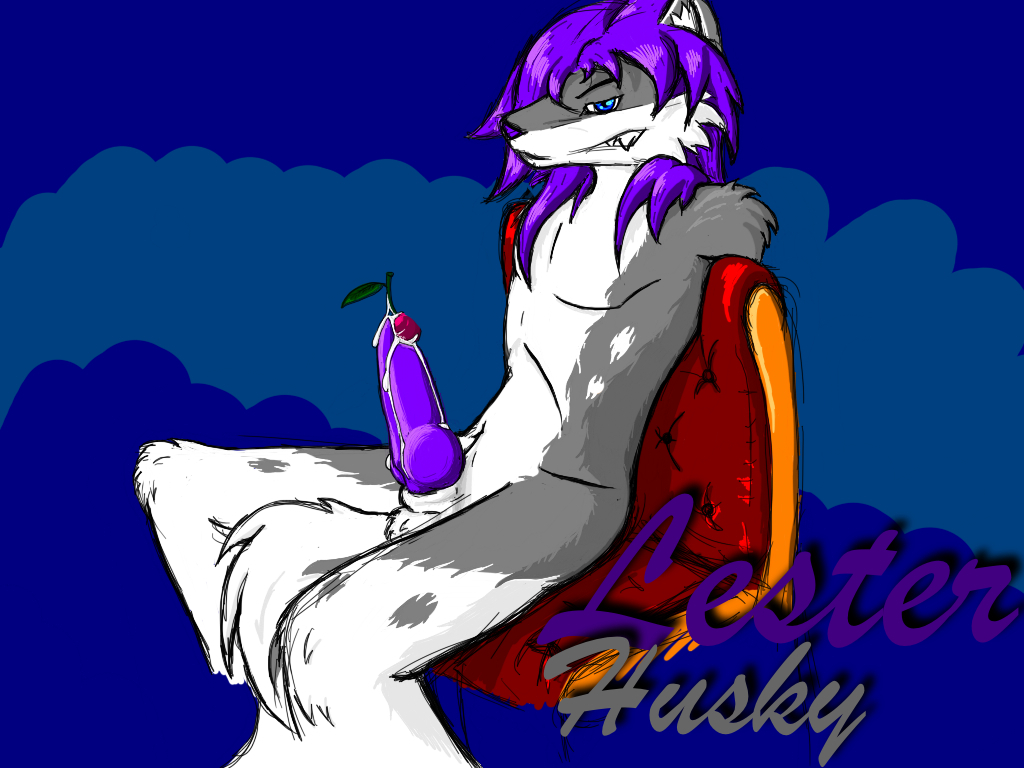 anthro balls blue_eyes canine cherry fluffy_tail grey grin hair k9 knot kunako lester lesterhusky long_hair looking_at_viewer male mammal nude penis purple purple_hair sheath tail teeth