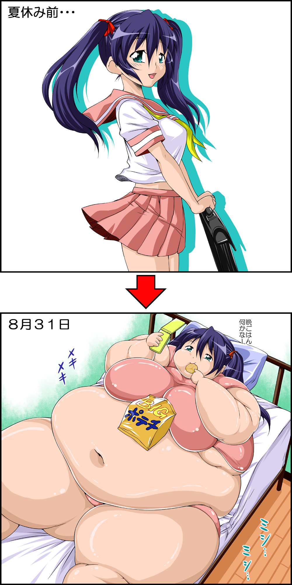 blue_eyes blue_hair breasts eating fat food highres large_breasts obese tetsujinex text tied_hair translation_request twintails weight_gain