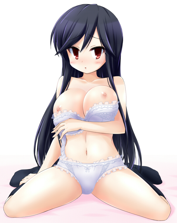 1girls :o a_channel arche.x bare_shoulders black_hair bra bra_pull breasts collarbone female large_breasts lingerie long_hair looking_at_viewer navel nipples nishi_yuuko open_bra panties red_eyes riki_(archf) sitting socks solo thighs underwear wariza