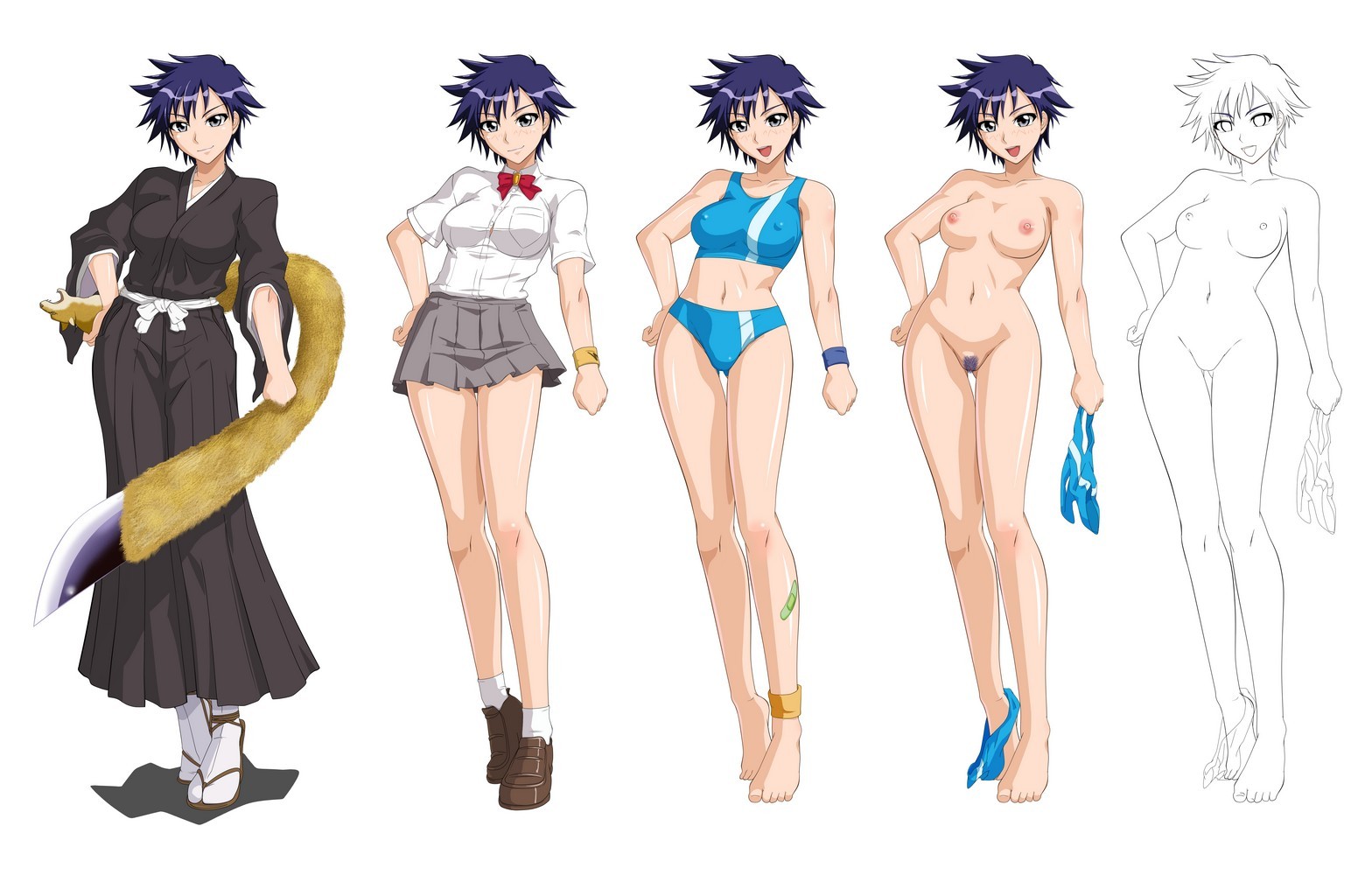1girls, arisawa tatsuki, barefoot, bleach, blush, breasts, comparison, decent and indecent, dorimushirou, feet, female, female only, large breasts, monochrome, nipples, nude, pubic hair, pussy, school uniform, short hair, smile, solo, swimsuit, tatsuki arisawa, toes, tomboy