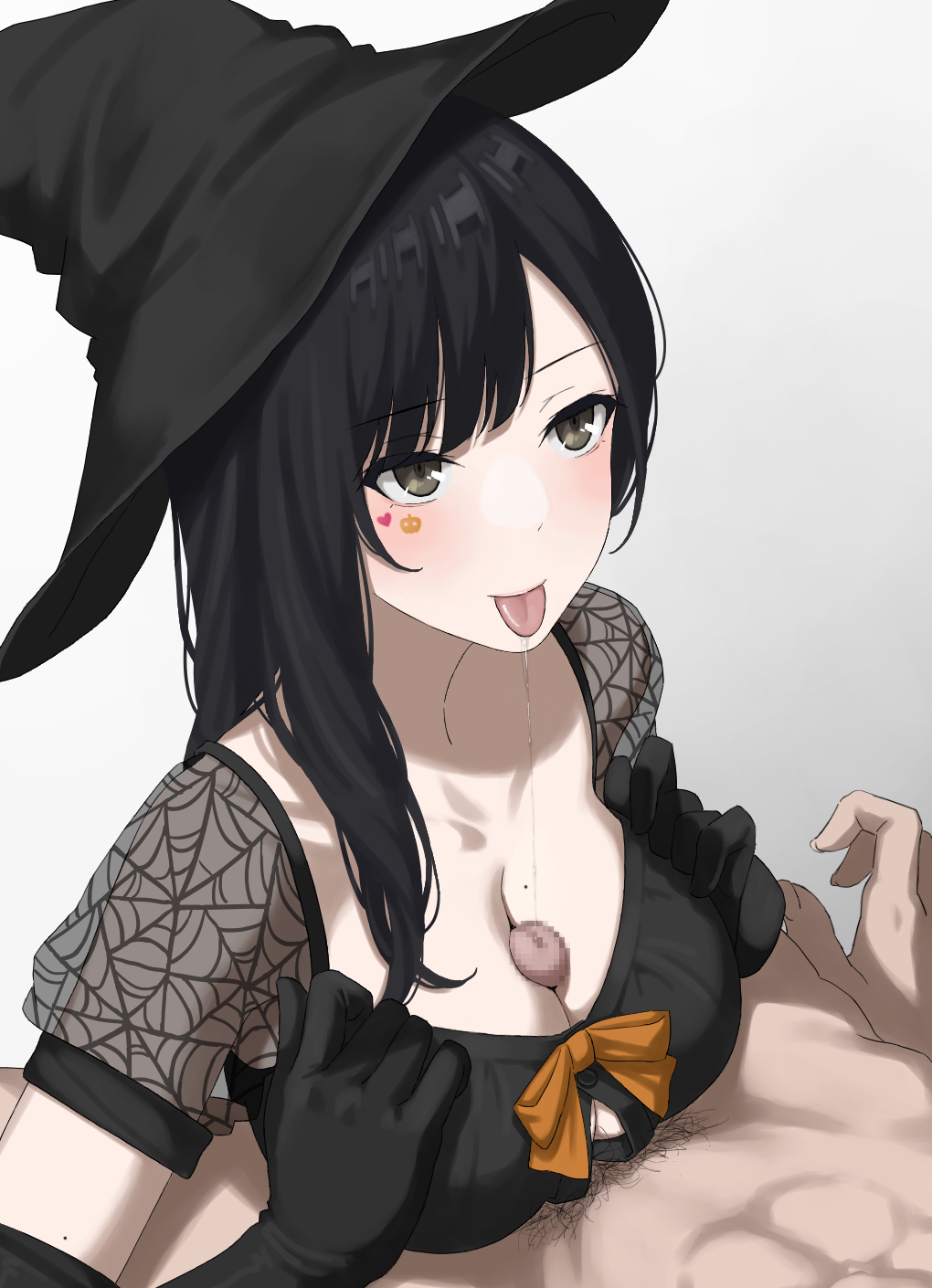 1boy :p black_gloves black_hair black_headwear breasts brown_eyes censored cleavage commentary_request female gloves gradient gradient_background grey_background hat highres kaminari_doon long_hair medium_breasts mole mole_on_arm mole_on_breast mosaic_censoring original paizuri penis saliva small_penis straight tattoo tongue tongue_out upper_body witch_hat