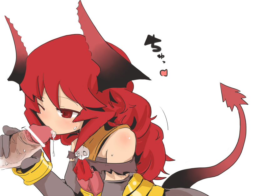 age_regression bare_shoulders black_gloves blush bracelet censored demon_girl demon_tail elbow_gloves fellatio female gloves henoeno horns jewelry long_hair magic_penis maou_beluzel oral original penis penis_kiss precum red_eyes red_hair saliva skull solo tail veins veiny_penis young yuusha_to_maou