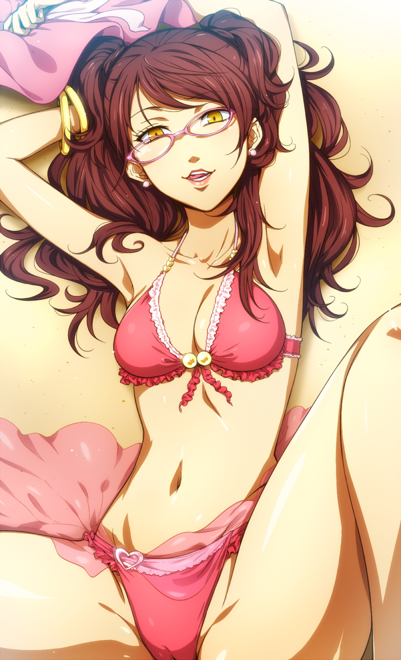 artist request, atlus, bikini, bikini bottom, bikini top, bottomwear, brown hair, cameltoe, clothing, female, glasses, human, kujikawa rise, lingerie, looking at viewer, persona, persona 4, pussy, swimsuit, swimwear, tongue, tongue out, topwear, underwear, yellow eyes