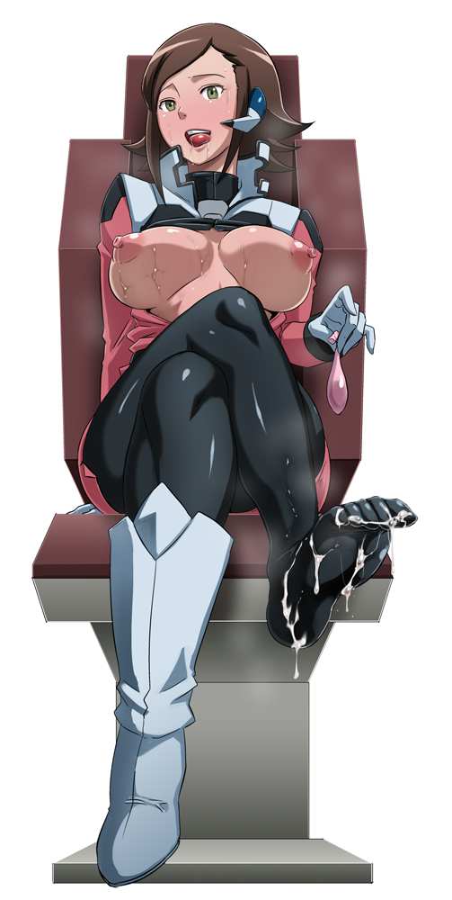 black_legwear boots breasts butcha-u chair condom crossed_legs cum cum_on_body cum_on_feet cum_on_lower_body cum_on_sock ear_piece earpiece eroquis feet footjob gloves green_eyes gundam gundam_age large_breasts legs_crossed military military_uniform millais_alloy naughty_face pantyhose puffy_nipples single_shoe sweat uniform used_condom