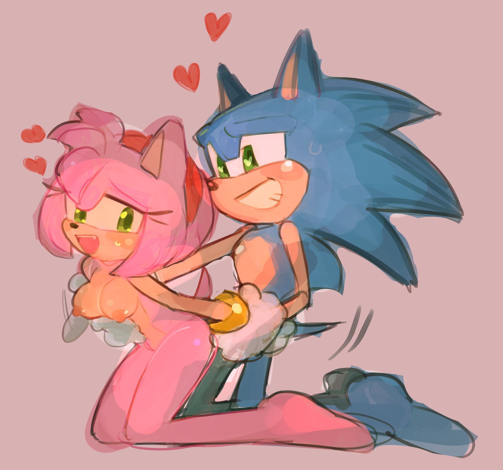 1boy, 1girls, ambiguous penetration, amy rose, blue fur, breasts, consensual, eulipotyphlan, gold bracelet, green eyes, heart, heart-shaped pupils, holding hands, looking back, m ajcoco, nude, open mouth, pink fur, red hairband, sega, simple background, sonic (series), sonic the hedgehog, sonic the hedgehog (series), sweat, white gloves