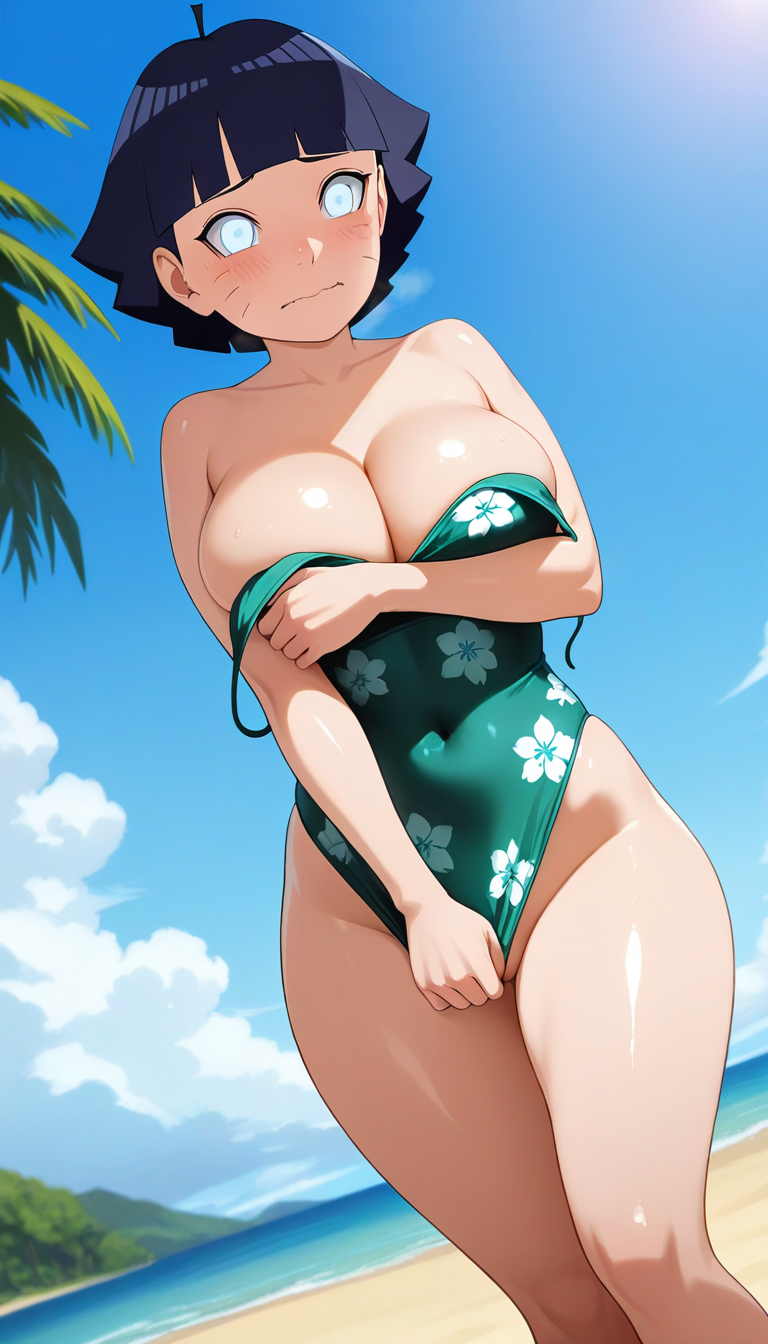 ai generated, bare shoulders, beach, black hair, blue eyes, blue sky, blunt bangs, blush, boruto: naruto next generations, boruto: two blue vortex, breasts, casual one-piece swimsuit, cleavage, closed mouth, cloud, collarbone, covered navel, covering privates, day, dutch angle, embarrassed, facial mark, female, floral print, hd, large breasts, looking at viewer, naruto, naruto (series), ocean, one-piece swimsuit, outdoors, short hair, shounen jump, sky, solo, standing, swimsuit, thighs, uzumaki himawari, uzumaki himri