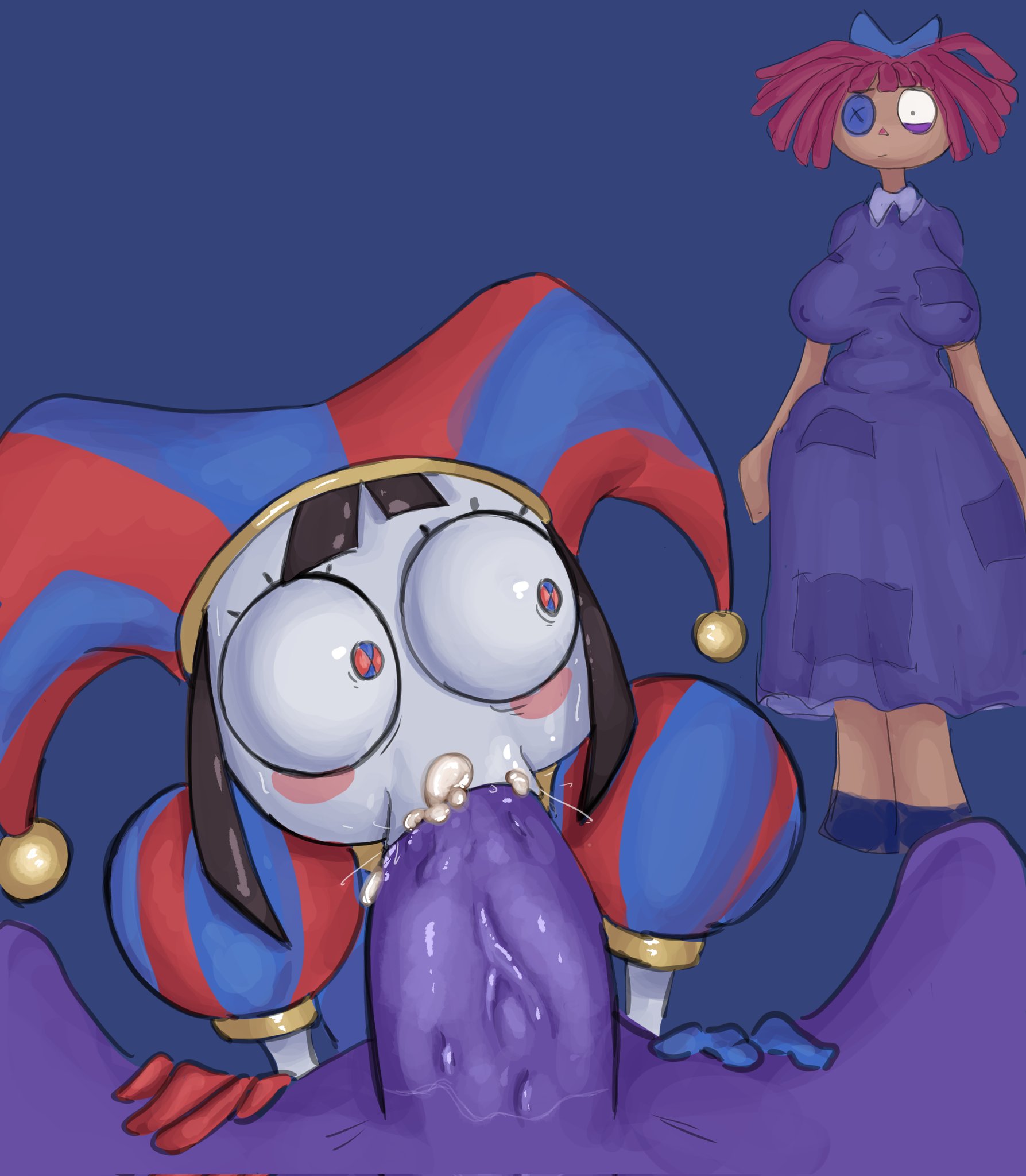 1boy, 2girls, big breasts, caught in the act, cum, cum in mouth, fellatio, glitch productions, jax (the amazing digital circus), pomni (the amazing digital circus), ragatha (the amazing digital circus), soupcake, straight, the amazing digital circus