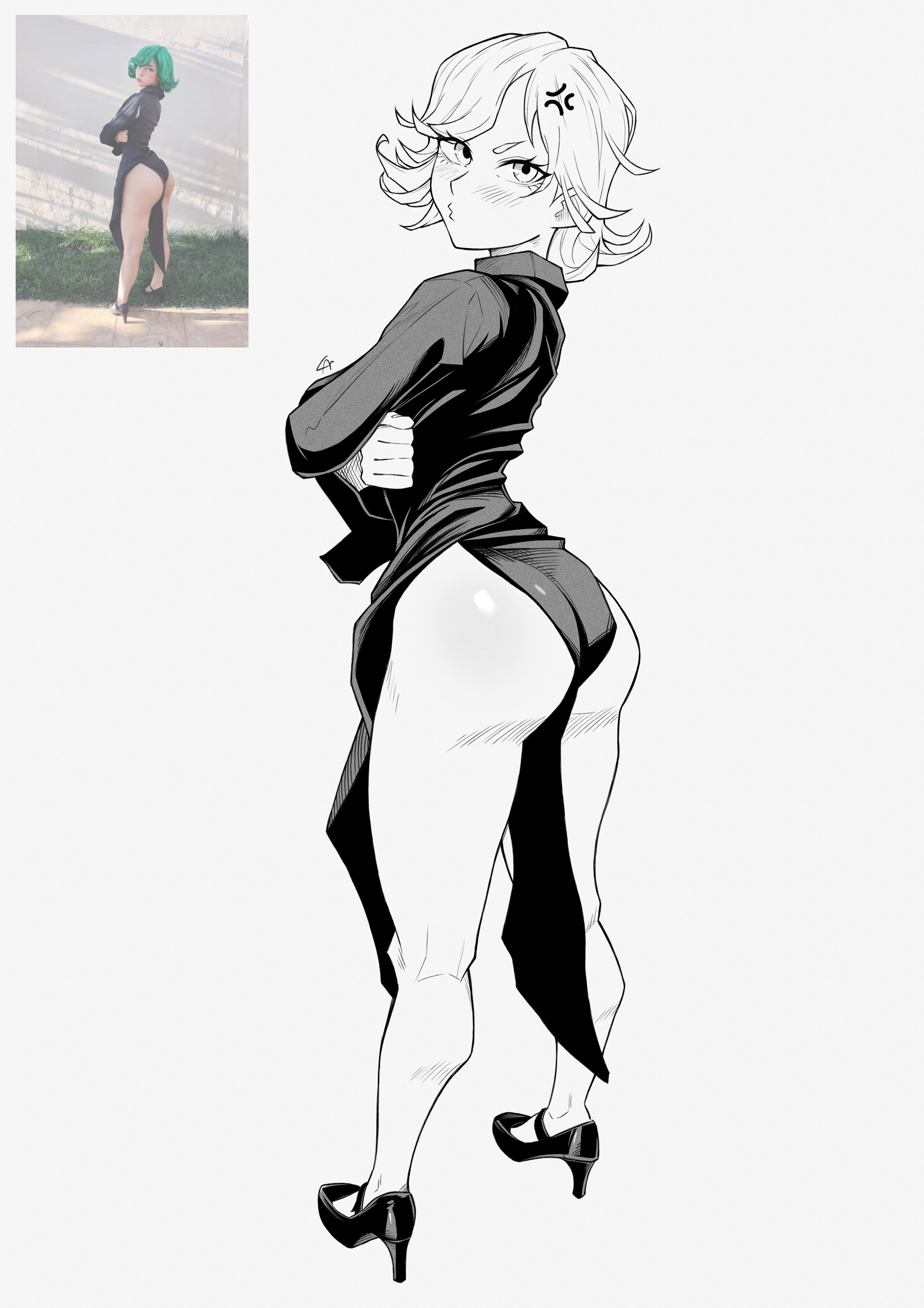1girls, 2026, 2d, 2d (artwork), anger vein, angry, artist signature, ass, big ass, blush, cosplay, csr ap07, curly hair, dress, female, female only, greyscale, high heels, legs, light skin, light-skinned female, looking at viewer, looking back, me1adinha (cosplay artist), monochrome, one-punch man, questionable, real person, reference image, short hair, simple background, solo, solo female, standing, tatsumaki, tatsumaki (cosplay), thighs, white background