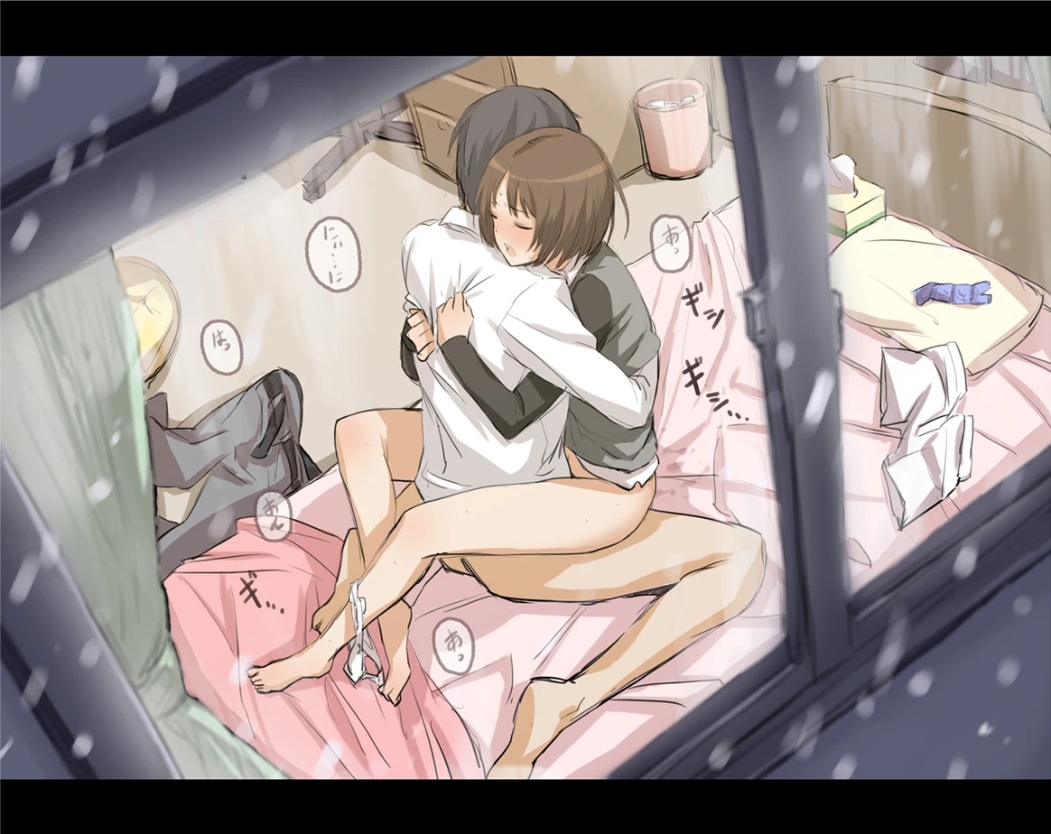 amagami, brown hair, closed eyes, condom packet strip, condom wrapper, incest, letterboxed, open mouth, panties around leg, pants, snow, straddle