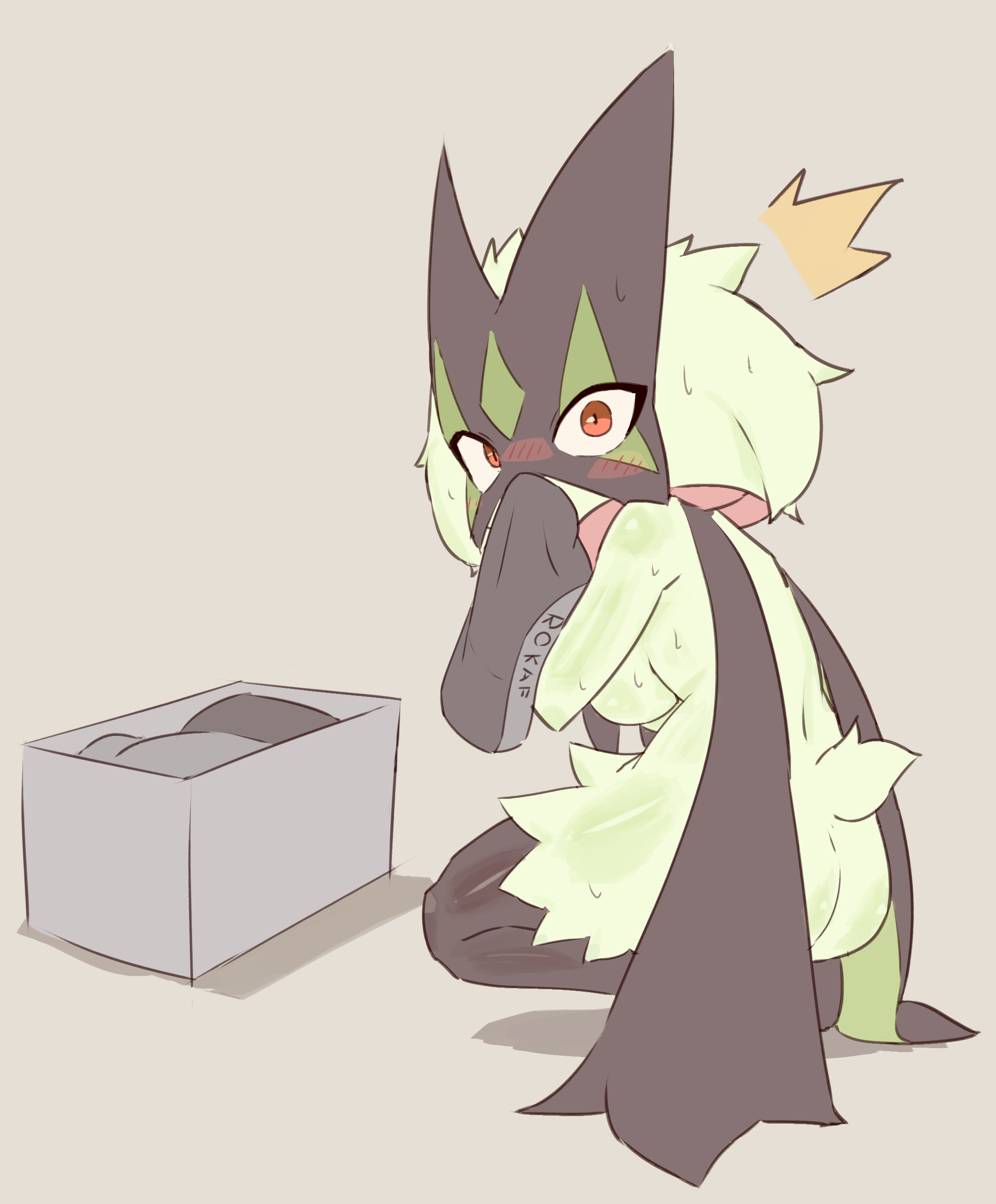 1girl, 1girls, 2d, 2d (artwork), ass, blush, blushing, caught, covering mouth, crouching, cute, embarrassed, female, fur, furry, generation 9 pokemon, green fur, laundry, laundry basket, meowscarada, narciv, nervous, pokémon (species), pokemon, pokemon (species), red eyes, sideboob, smelling, sniffing clothes, solo, solo female, solo focus, surprised, surprised expression, sweat, tagme, underwear