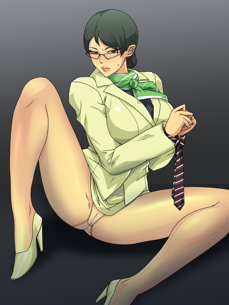 black hair, blush, female, formal, glasses, gureko rouman, hair bun, mature female, mole, office lady, panties, pumps, solo, spread legs, suit, sweat, underwear