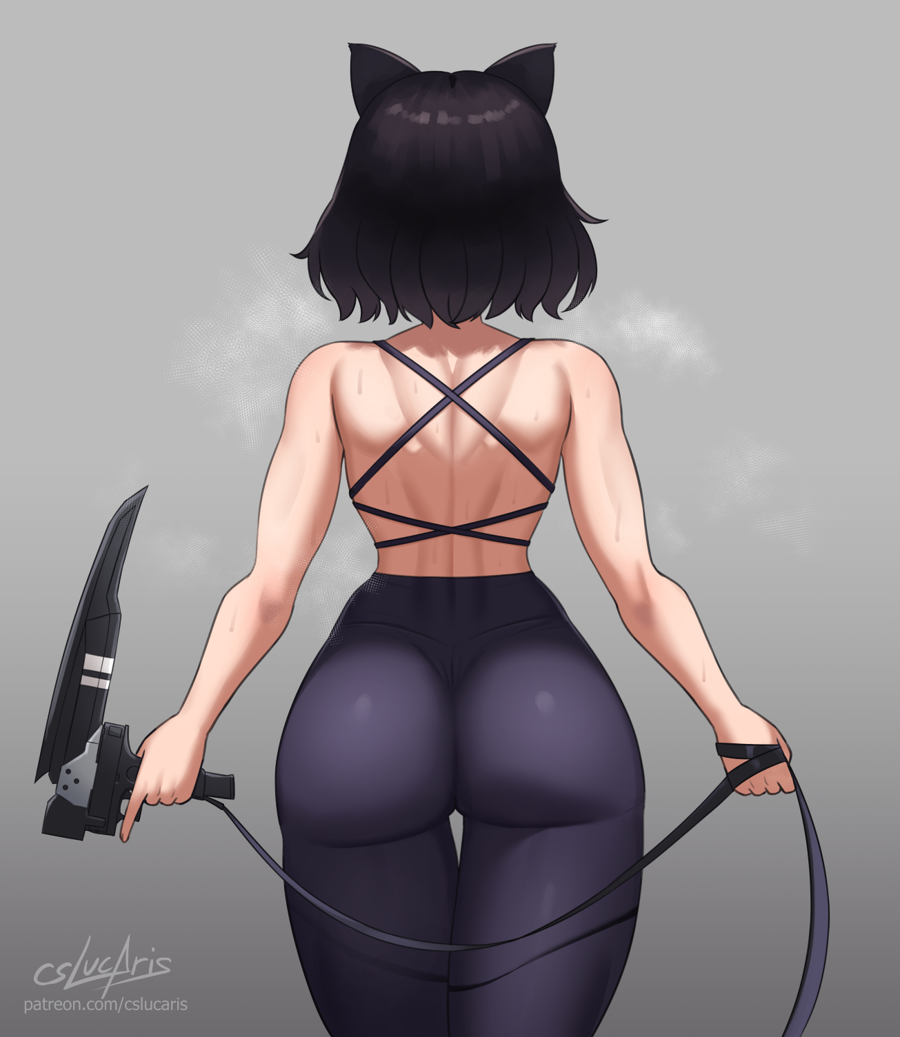 1girl, artist name, artist signature, back muscles, back view, black hair, blake belladonna, cat ears, cslucaris, faunus, female, female only, gambol shroud, grey background, heavy breathing, holding weapon, rwby, short hair, solo, tight pants, visible breath