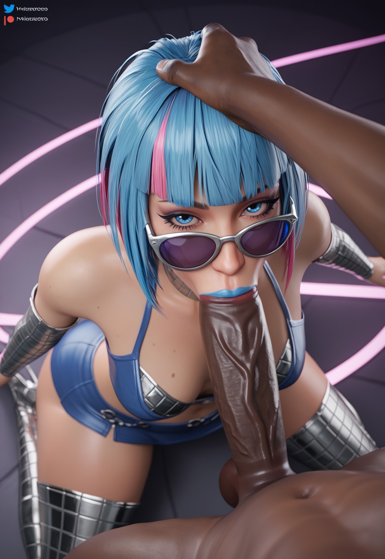 1boy, 1girls, ai generated, asian female, blowjob, blue eyes, blue hair, blue lipstick, bob cut, clothed female nude male, dark-skinned male, dreamcuc, eyewear, generic dark-skinned-muscular male, huge cock, interracial, lipstick, looking over eyewear, looking over sunglasses, male pov, marvel, marvel rivals, miniskirt, monster cock, multicolored hair, oral, pink highlights, psylocke, psylocke (marvel rivals), psylocke (psychedelic pulse), skimpy, skimpy clothes, submissive female, sunglasses, tight clothing, tinted eyewear