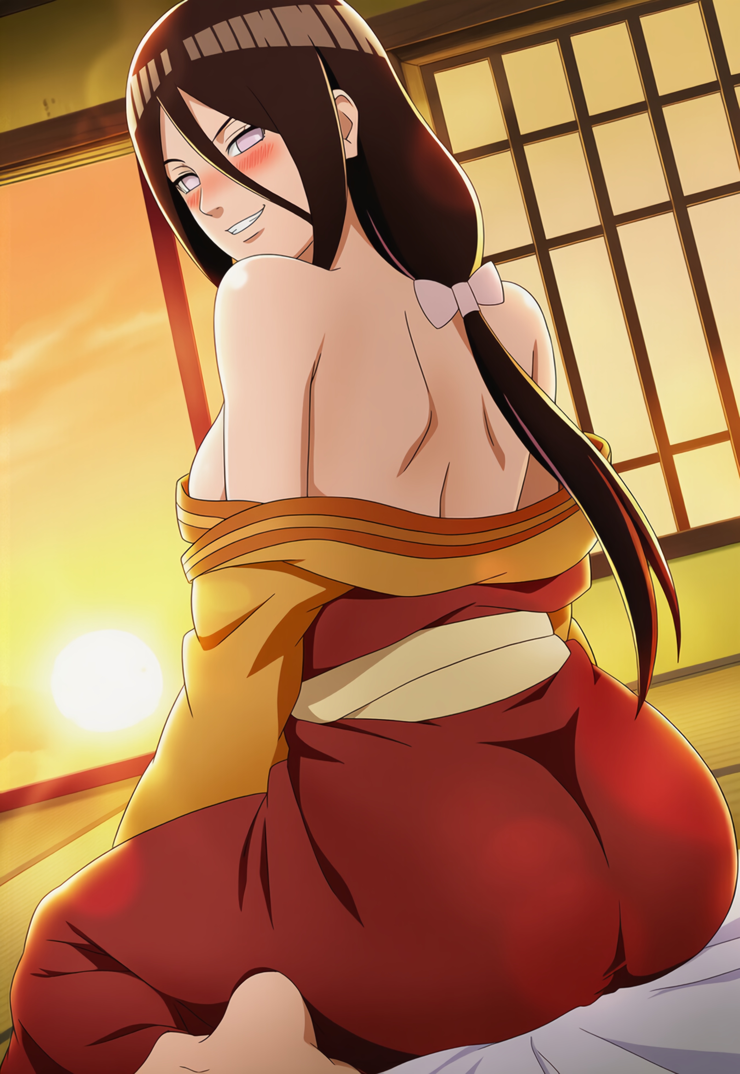 1girls, accurate art style, ai generated, anime style, arm support, ass, back view, bare chest, bare shoulders, barefoot, big ass, boruto: naruto next generations, bottom heavy, brown hair, bubble ass, bubble butt, clothed, clothed female, feet, feet out of frame, female, female only, from behind, grin, hair between eyes, hakama, hakama skirt, huge ass, hyuuga hanabi, indoors, japanese clothes, kimono, kimono down, kneeling, light skin, light-skinned female, long skirt, looking at viewer, looking back, looking back at viewer, low ponytail, low-tied long hair, naruto, naruto (series), no bra, offering, offering to viewer, open clothes, presenting, presenting ass, presenting hindquarters, rear view, round ass, skirt, smile, smiling at viewer, solo, solo female, solo focus, tied hair, very long hair, violet eyes, wide sleeves, yukata
