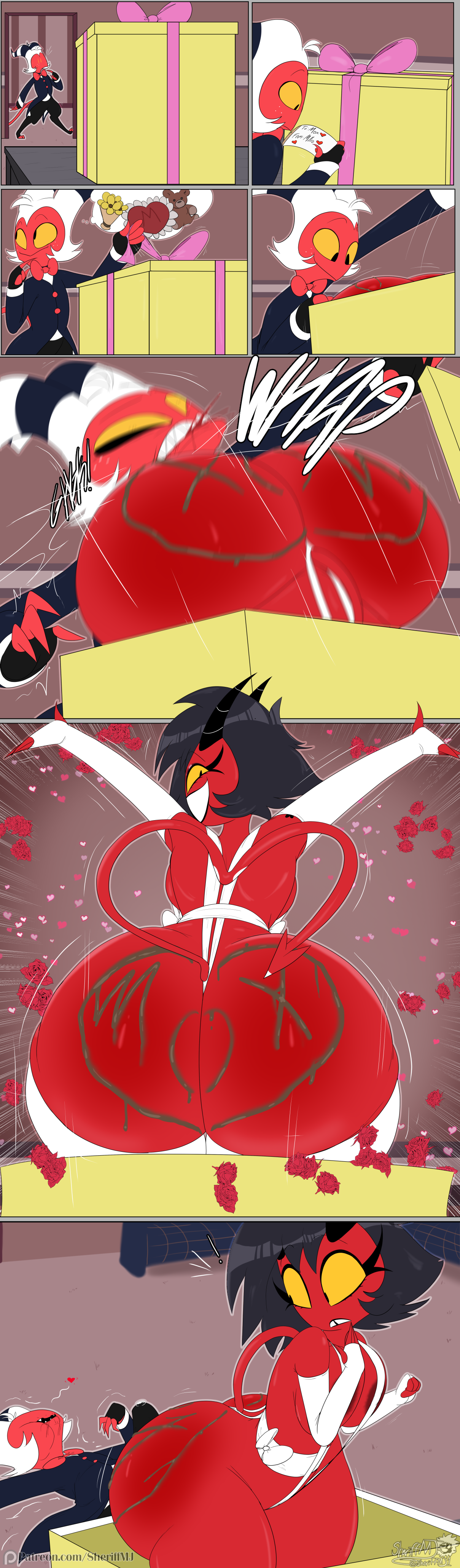 2026, 7 panel comic, absurd res, armwear, ass, ass jiggle, big ass, big breasts, big butt, black body, blood, blood from mouth, blood in mouth, blood on face, bodily fluids, body writing, breasts, butt jiggle, butt smack, candy, chocolate, clothing, comic, dessert, detailed background, digital media (artwork), duo, erection, erection under clotheing, erection under clothing, fat ass, female, food, food on butt, freckled face, freckles, gift, happy, heart symbol, hellaverse, helluva boss, hi res, holidays, horn, huge ass, huge butt, humanoid, hyper, hyper butt, imp, jiggling, leggings, legwear, looking back, male, male/female, masterj291, millie (helluva boss), moxxie (helluva boss), one-piece swimsuit, onomatopoeia, patreon, red body, shortstack, sling bikini, smile, smiling at another, smiling at partner, sound effects, swimwear, text, thick thighs, thought bubble, unconscious, unconscious male, valentine's day