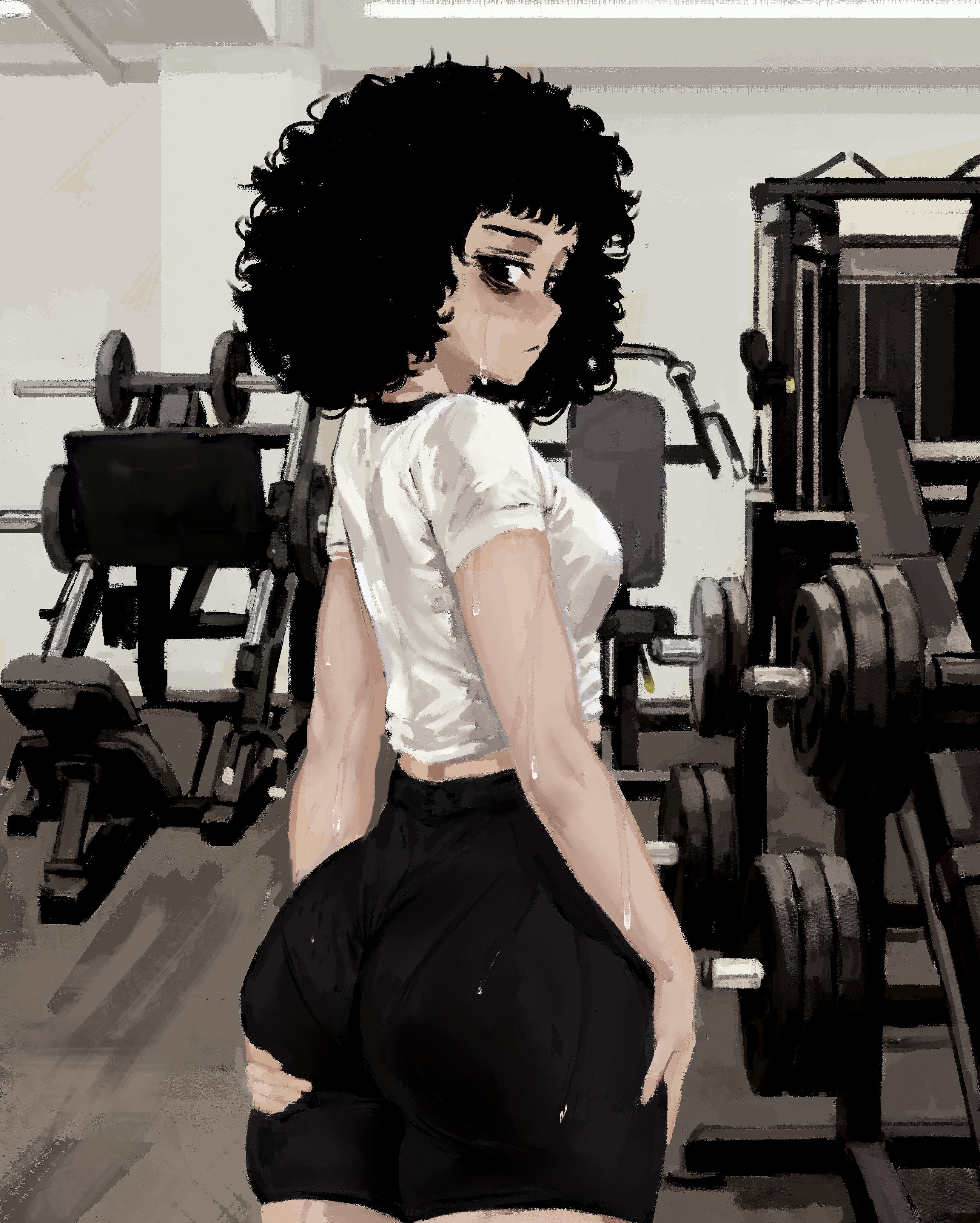 ass grab, casato, ellie (casato), female, gym, gym clothes, spandex shorts, sweat, t-shirt