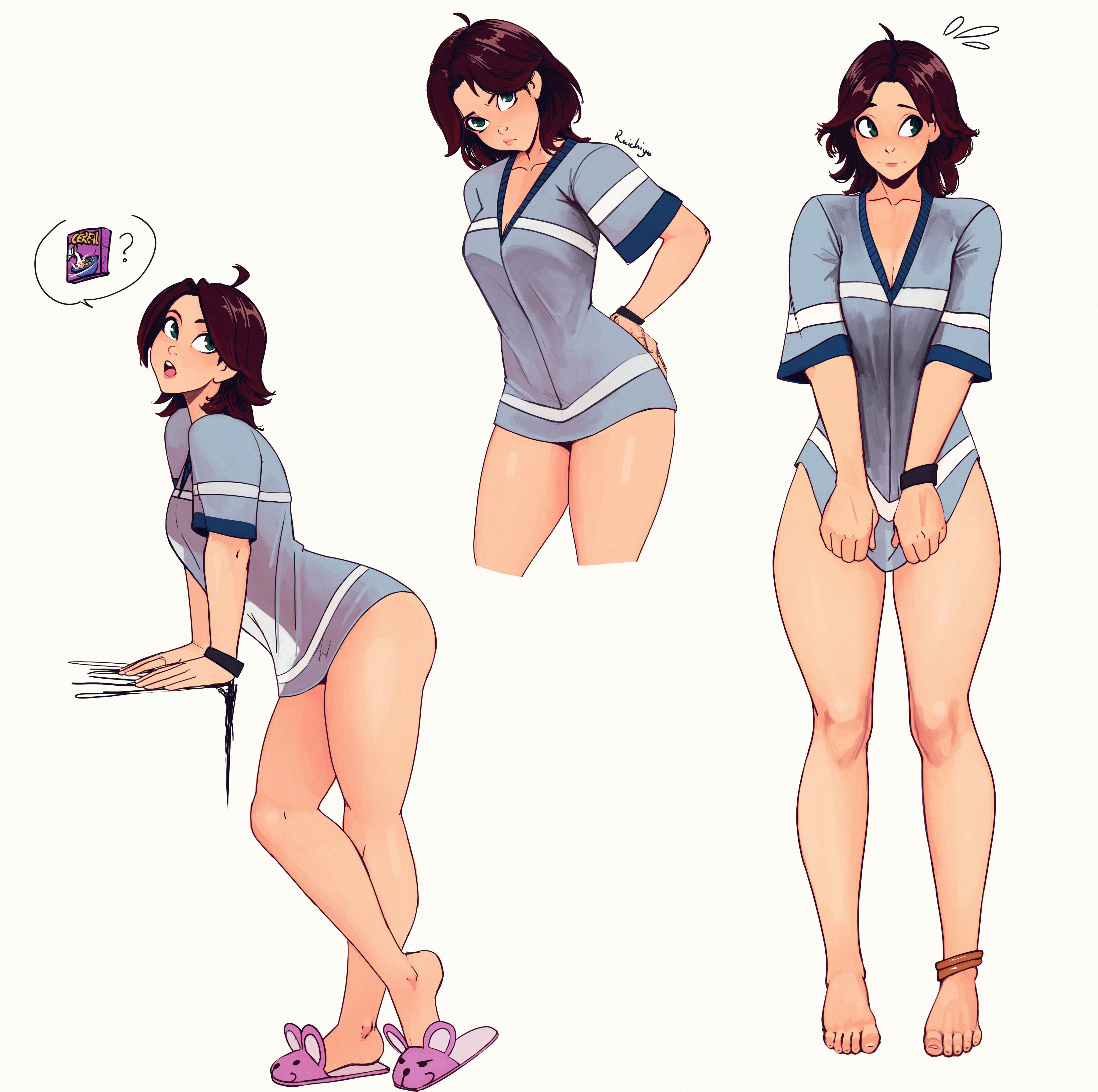 1girls, ass, barefoot, bending over, blush, bottomless, breasts, breasts visible through clothing, brown hair, covering crotch, female, flustered, frown, green eyes, hand on hip, highres, looking at viewer, looking away, multiple poses, original, original character, raichiyo33, shirt, short hair, simple background, slippers, smile, solo, thick thighs, thighs, white background