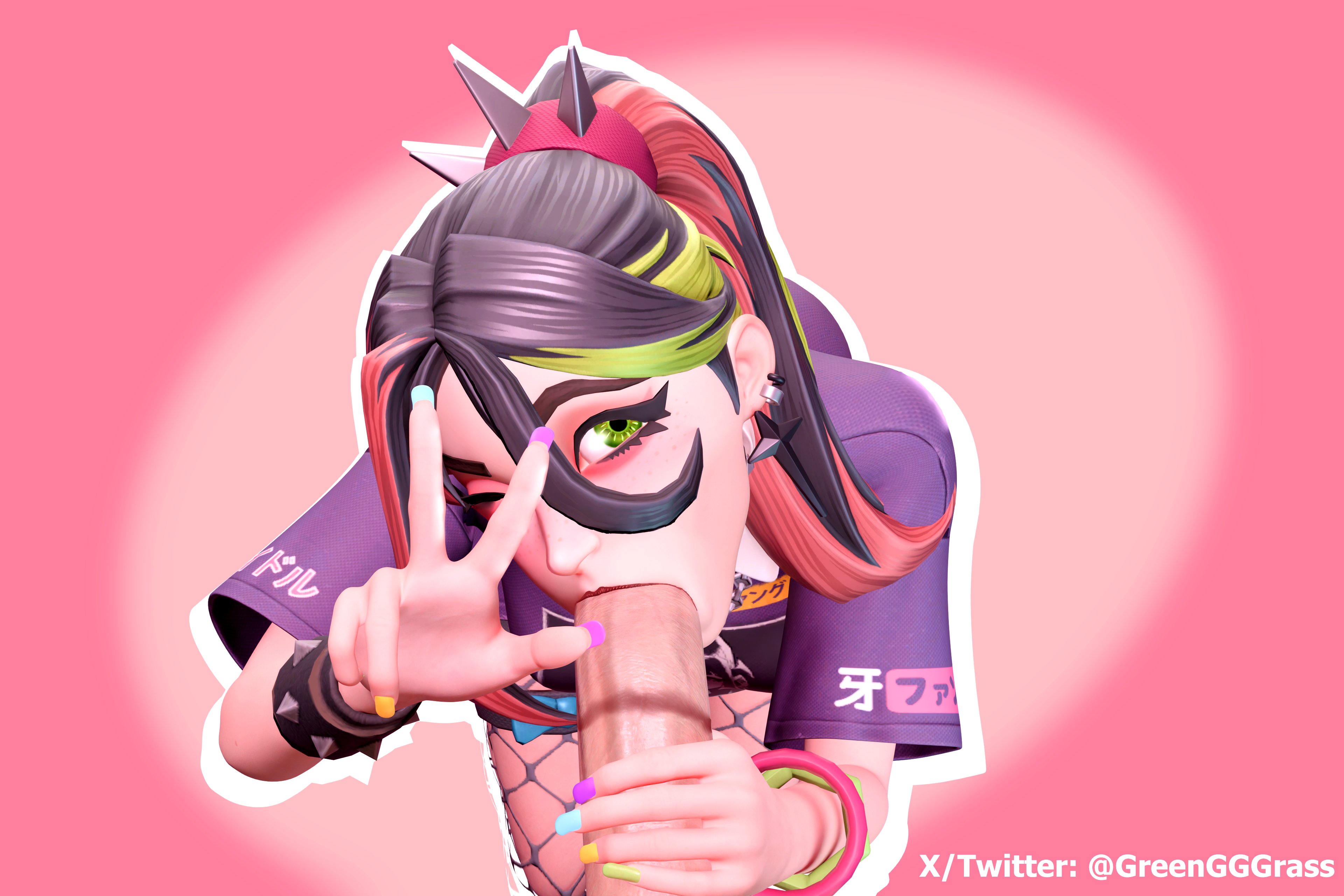 3d, 3d (artwork), blender, blender (software), blowjob, e-girl, female, fishnets, fortnite, grab penis, green eyes, greengrass, handjob, helsie (fortnite), lipstick, lipstick mark, lipstick on penis, looking at viewer, male, oral, outline, peace sign, red hair, render, simple background, sucking, sucking penis, tagme, textless