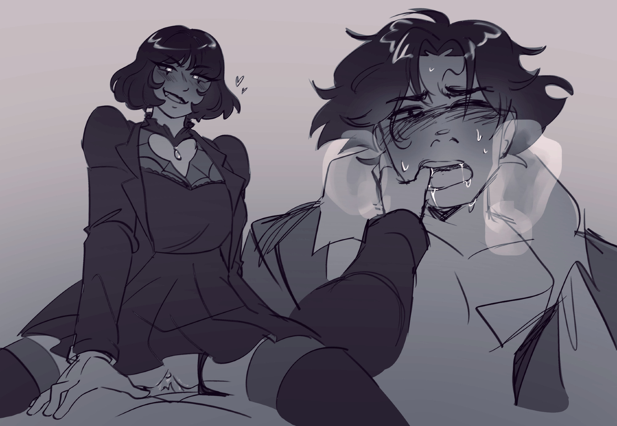 1girls, 1nonbinary, 2026, androgynous, black and white, black clothing, black hair, blush, bob cut, bottomless, bottomless female, cowgirl position, deadlock, dominant, dominant female, female, finger in mouth, hi res, mina (deadlock), mina ha, pocket (deadlock), sex, short hair, sins with mint, sweat, thighhighs, vampire, vampire girl