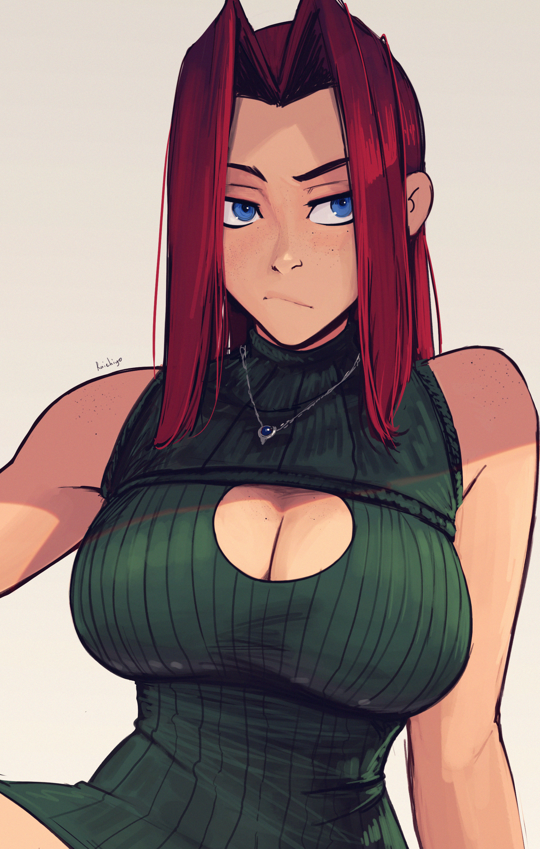 1girls, blue eyes, boob window, breasts, eyebrow raise, female, frown, grumpy, highres, large breasts, looking away, necklace, original, original character, raichiyo33, red hair, rika (raichiyo33), simple background, sleeveless, sleeveless dress, solo, white background