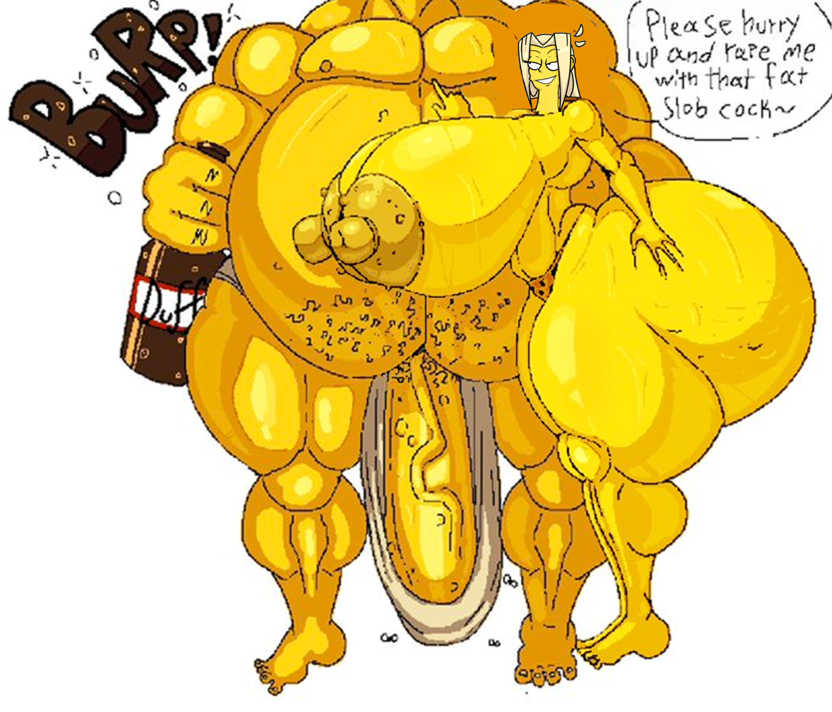 1boy, 1girls, beer, cream vanilla, drunk, fat male, glands of montgomery, homer simpson, huge ass, huge cock, imminent rape, nude female, penis, the simpsons, varix (edit), yellow skin