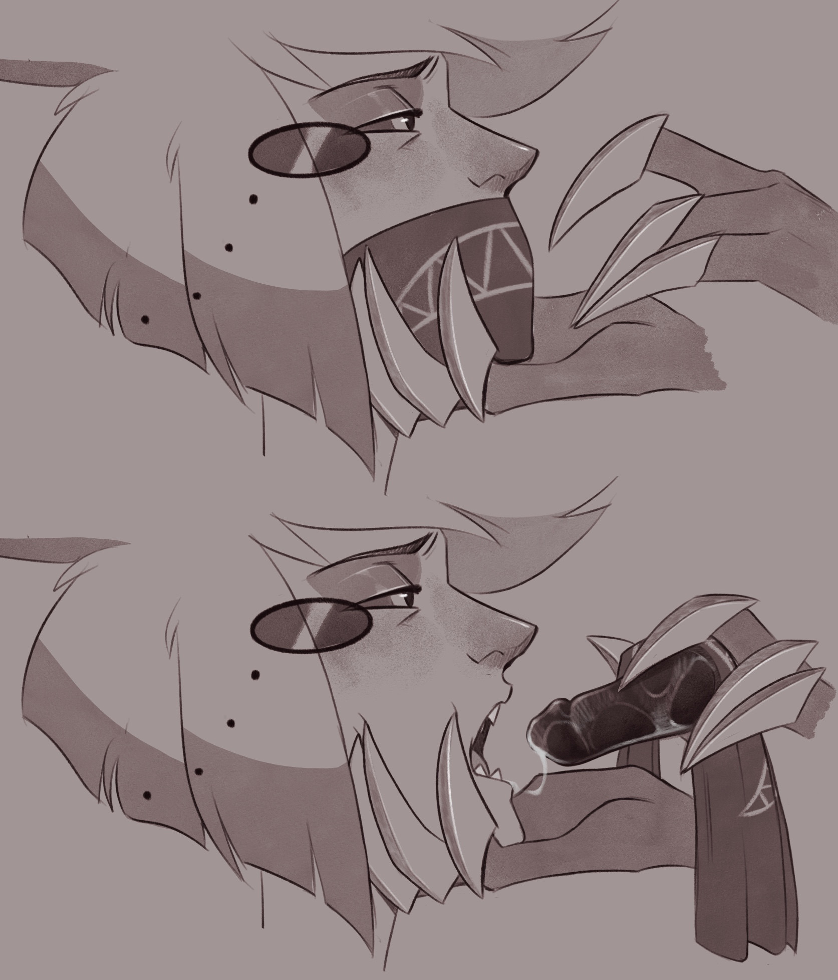 alastor (hazbin hotel), bdsm, demon, dildo, dildo gag, drooling, ectochoir, gag, gagged, gay, hazbin hotel, hellaverse, male only, monocle, mumbocumbo, offscreen character, open mouth, short hair, vox (hazbin hotel), yaoi
