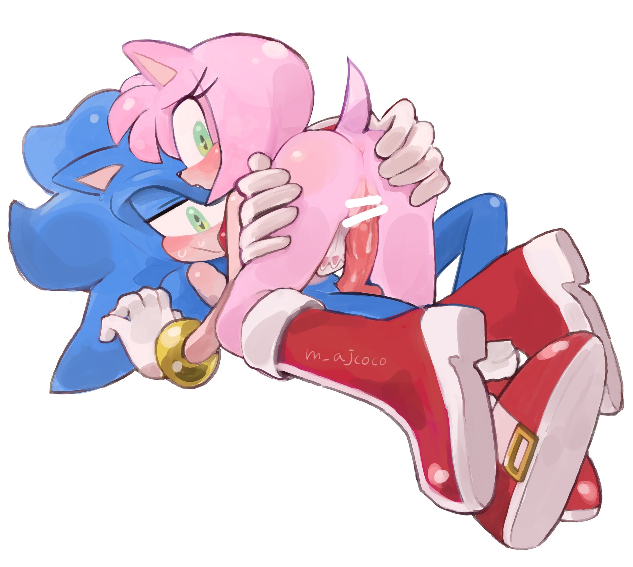 amy rose, blue fur, boots, censor bar, censored, censored penis, eulipotyphlan, female on top, gold bracelet, grabbing ass, green eyes, heart-shaped pupils, m ajcoco, pink fur, red hairband, sega, shiny ass, sonic (series), sonic the hedgehog, sonic the hedgehog (series), sweat, sweatdrop, tail, vaginal penetration, white gloves
