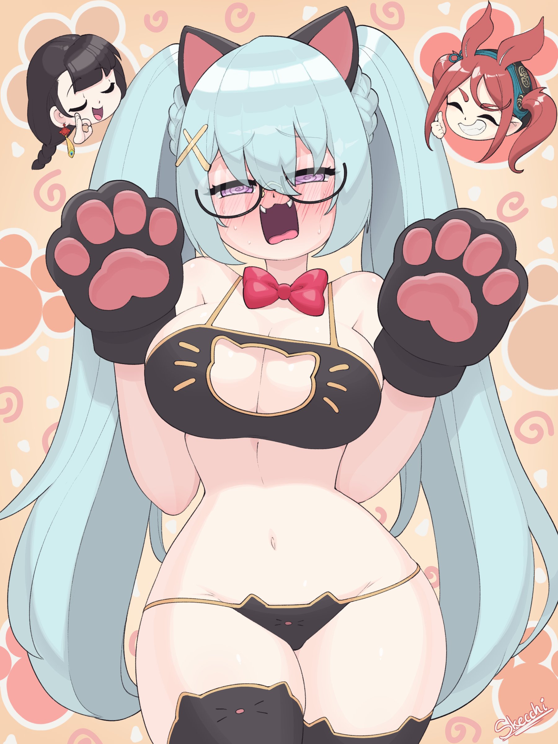 1girls, aqua hair, black hair, blush, cat ears, cat lingerie, cat paws, chixia (stella sora), cleavage, cleavage cutout, closed eyes, clothing cutout, embarrassed, eyelashes, fangs, female, female only, glasses, grin, hi res, jinglin (stella sora), light skin, light-skinned female, long hair, long twintails, looking at viewer, narrowed eyes, neck ribbon, open mouth, purple eyes, red eyes, revealing clothes, shimiao (stella sora), skecchiart, smiling, stella sora, thighhighs, twintails