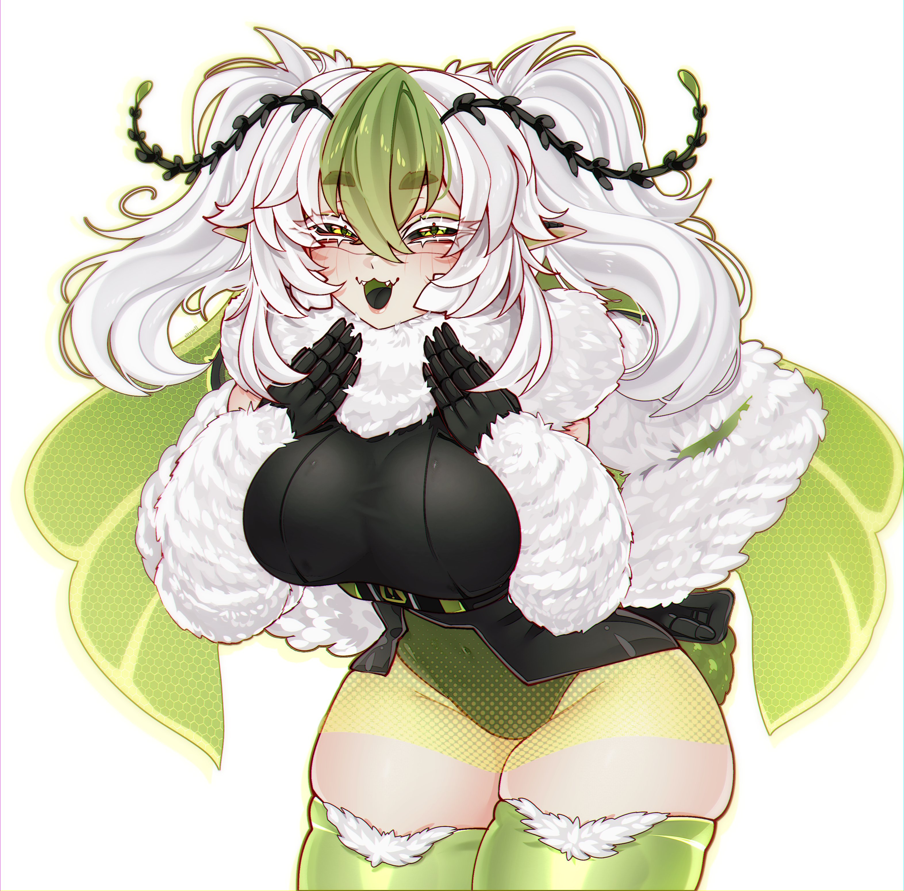 1girls, absurdres, antennae, arthropod girl, black sclera, black tongue, blush, breasts, bug girl, colored sclera, curvy, extra arms, fangs, female, green eyes, green leotard, hair between eyes, highres, indie virtual youtuber, insect wings, juniper actias, large breasts, leotard, monster girl, moth, moth antennae, moth girl, moth hair ornament, moth wings, pointy ears, simple background, sitraell, solo, tail, thick, thick thighs, thighhighs, thighs, twintails, virtual youtuber, vtuber, white background, white hair, wide hips, wings