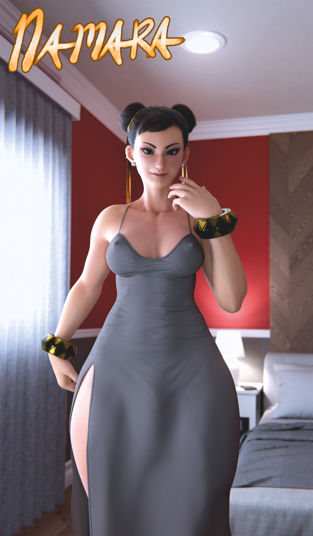 1futa, 3d, breasts, bulde, bulge, bulge through clothing, chun-li, dress, futanari, implied futa, namara, nipples visible through clothing, street fighter, tight clothing