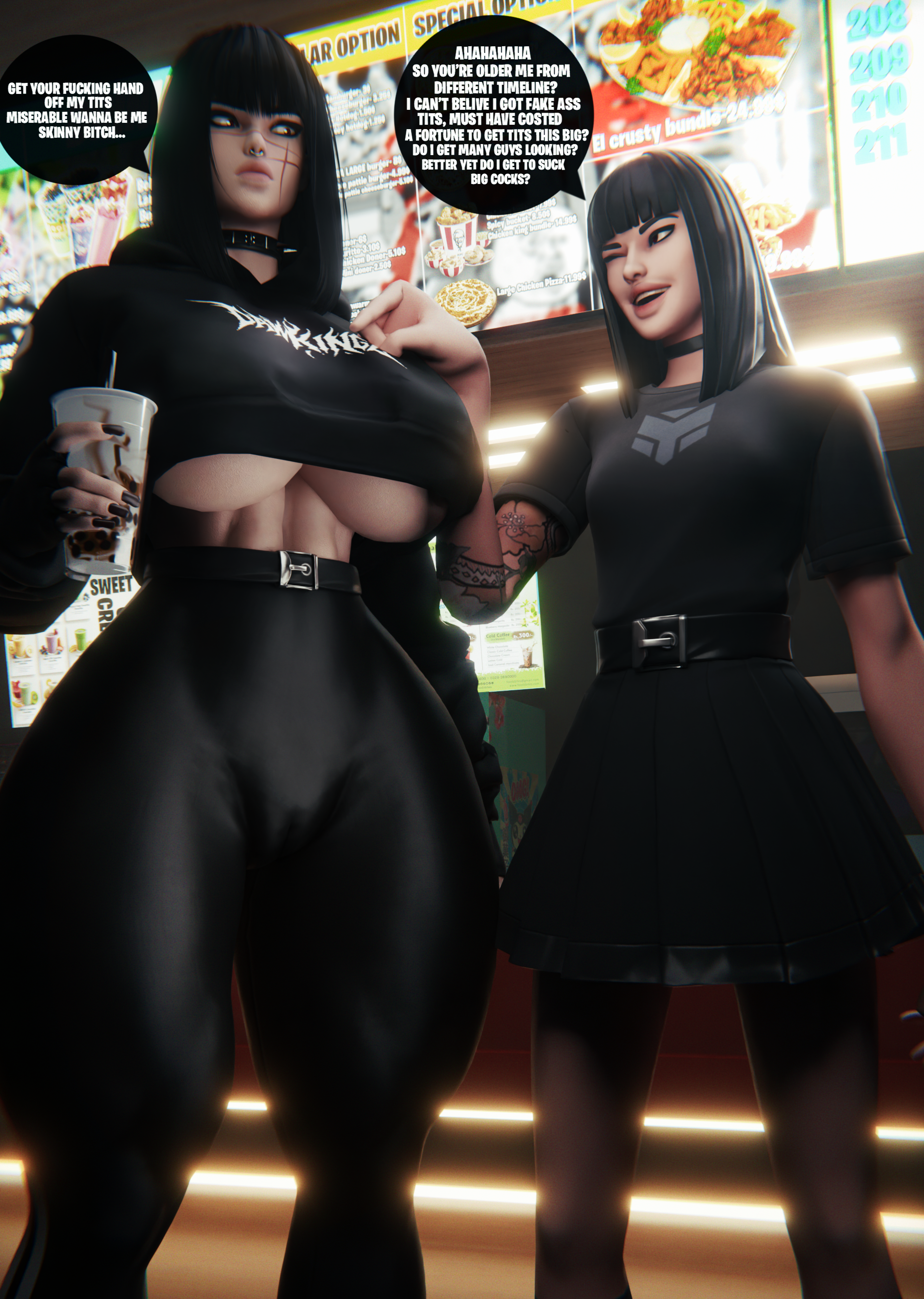 2girls, 3d, aged up, big ass, big breasts, charlotte (fortnite), dawkingz, female, fortnite, goth, goth girl, hoodie, latex legwear, older self, older version, puffy pussy, thick thighs, voluptuous female