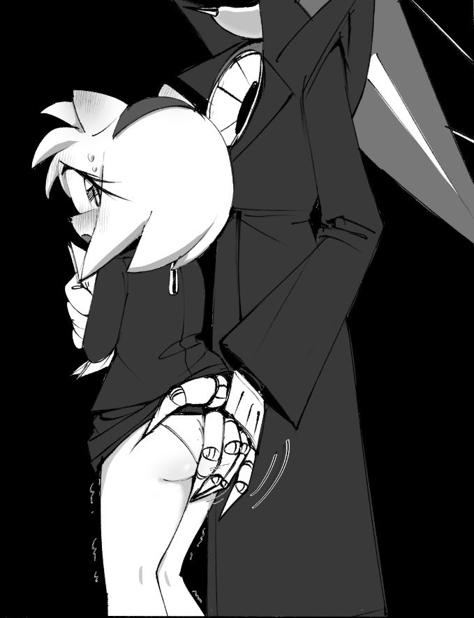 1boy, 1girls, amy rose, chillidog0, claws, dubious consent, ear blush, embarrassed, flustered, grabbing ass, grabbing from behind, looking back, monochrome, neo metal sonic, no pants, office clothing, office lady, panties, questionable consent, robot, sexual harassment, size difference, sonic (series), sonic heroes, sonic the hedgehog (series), suit, taller male, trembling, unhappy female