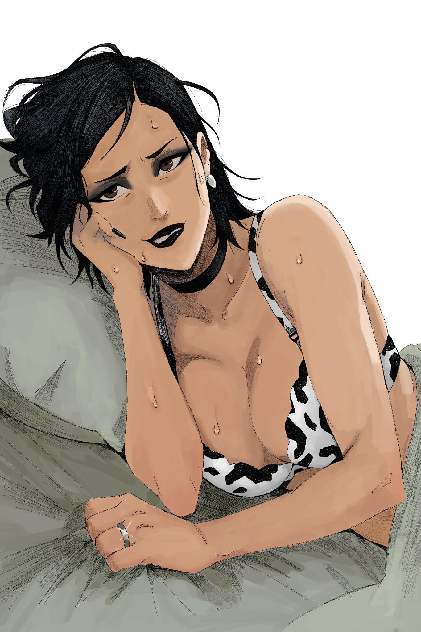 1girls, 2d, 2d (artwork), aged down, asian, asian female, bed, big breasts, black hair, black lips, black lipstick, black nail polish, black nails, breasts, brown eyes, cleavage, cow print, cow print bra, dark hair, dark lipstick, debbie grayson, female, female only, fully clothed, gripping sheets, hex mamaniac, image comics, in bed, invincible, invincible (tv series), large breasts, lipstick, looking at viewer, milf, nail polish, short hair, smile, solo, sweat, sweatdrop, wedding ring