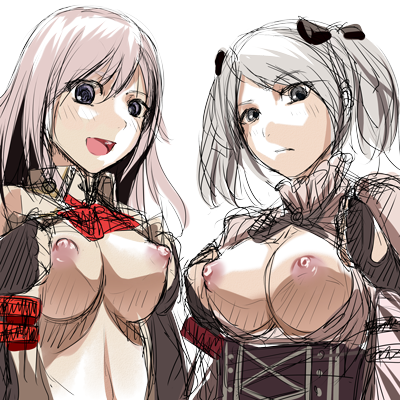 2girls alisa_ilinichina_amiella areolae arisa_iriinchina_amieera blush breasts breasts_out character_request ciel_alencon erect_nipples female female_only god_eater god_eater_2 lowres multiple_girls nipples pointy_chin sketch smile