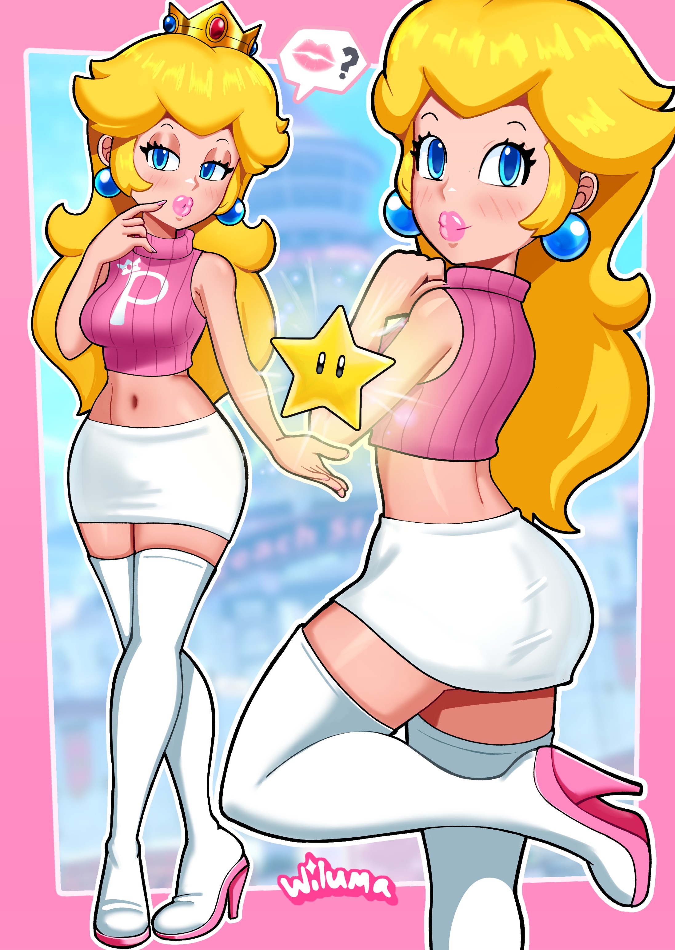 1girls, 2d, artist name, ass, ass shot, belly, belly button, big lips, blonde hair, blue eyes, blush, boots, bottomwear, breasts, clothed, clothed female, clothing, color, crop top, cropped sweater, crown, earrings, female, female only, footwear, full body, full color, hair, half-closed eyes, headwear, heels, high heel boots, high heels, hips, holding object, lips, lipstick, lipstick mark, long hair, looking back, makeup, mario (series), medium breasts, miniskirt, multiple views, nail polish, nails, navel, nintendo, non-nude, pencil skirt, pink lips, pink lipstick, pink nail polish, pink nails, plump lips, princess peach, question mark, short skirt, side view, skirt, sleeveless turtleneck, smile, solo, solo female, speech bubble, star, thick lips, thighhigh boots, topwear, variant set, white boots, white skirt, wiluma
