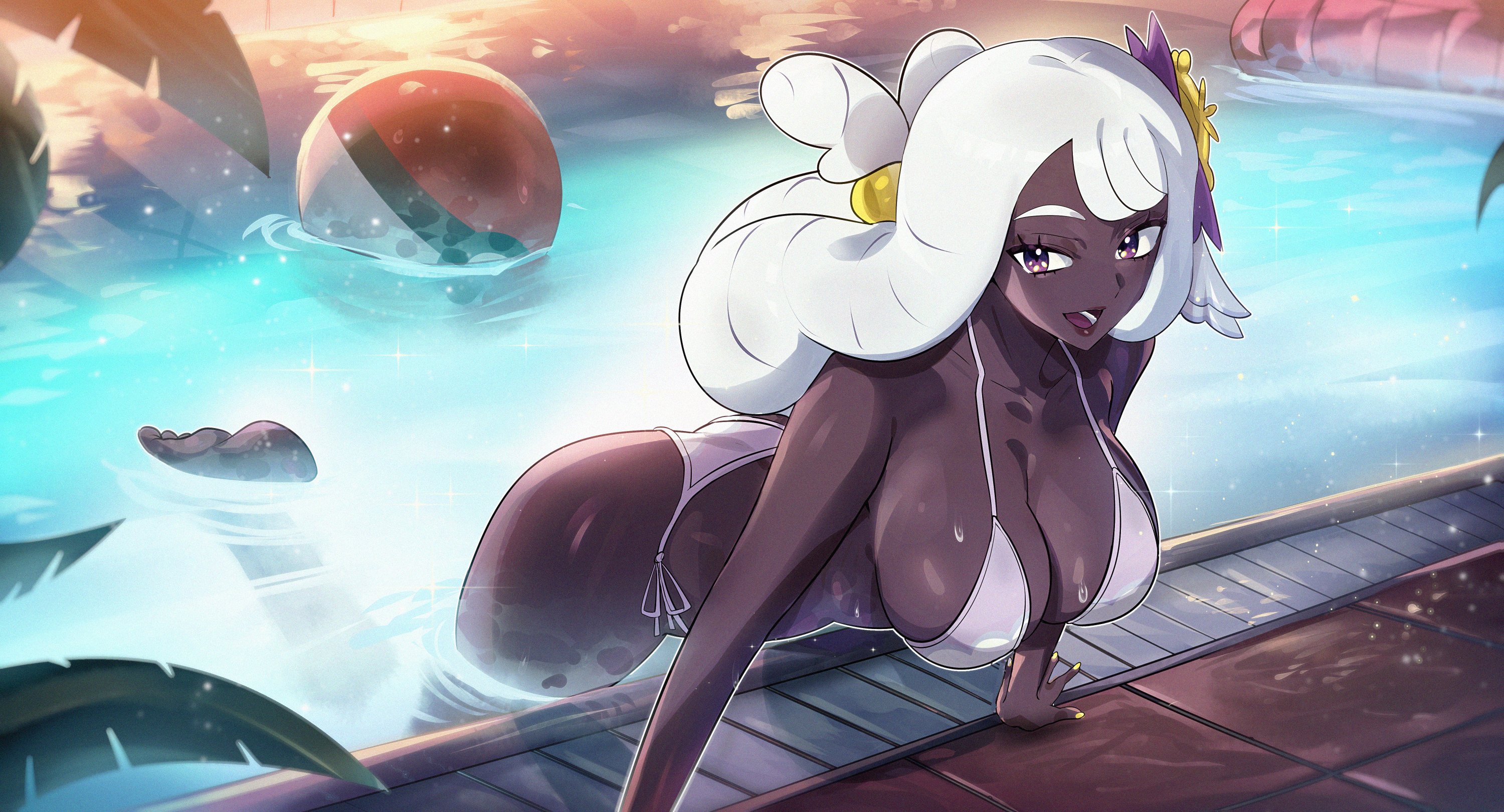 1girl, ass, ball, beachball, big breasts, bikini, breasts, cleavage, curvy, dark skin, dark-skinned female, highres, jacinthe (pokemon), large breasts, long hair, looking at viewer, nintendo, open mouth, partially submerged, pokemon, pokemon legends: z-a, pool, poolside, purple eyes, ryaiart, ryairyai, smile, solo, swimsuit, thong, thong bikini, very dark skin, water, wet, white bikini, white hair, wide hips, yukari (pokemon)