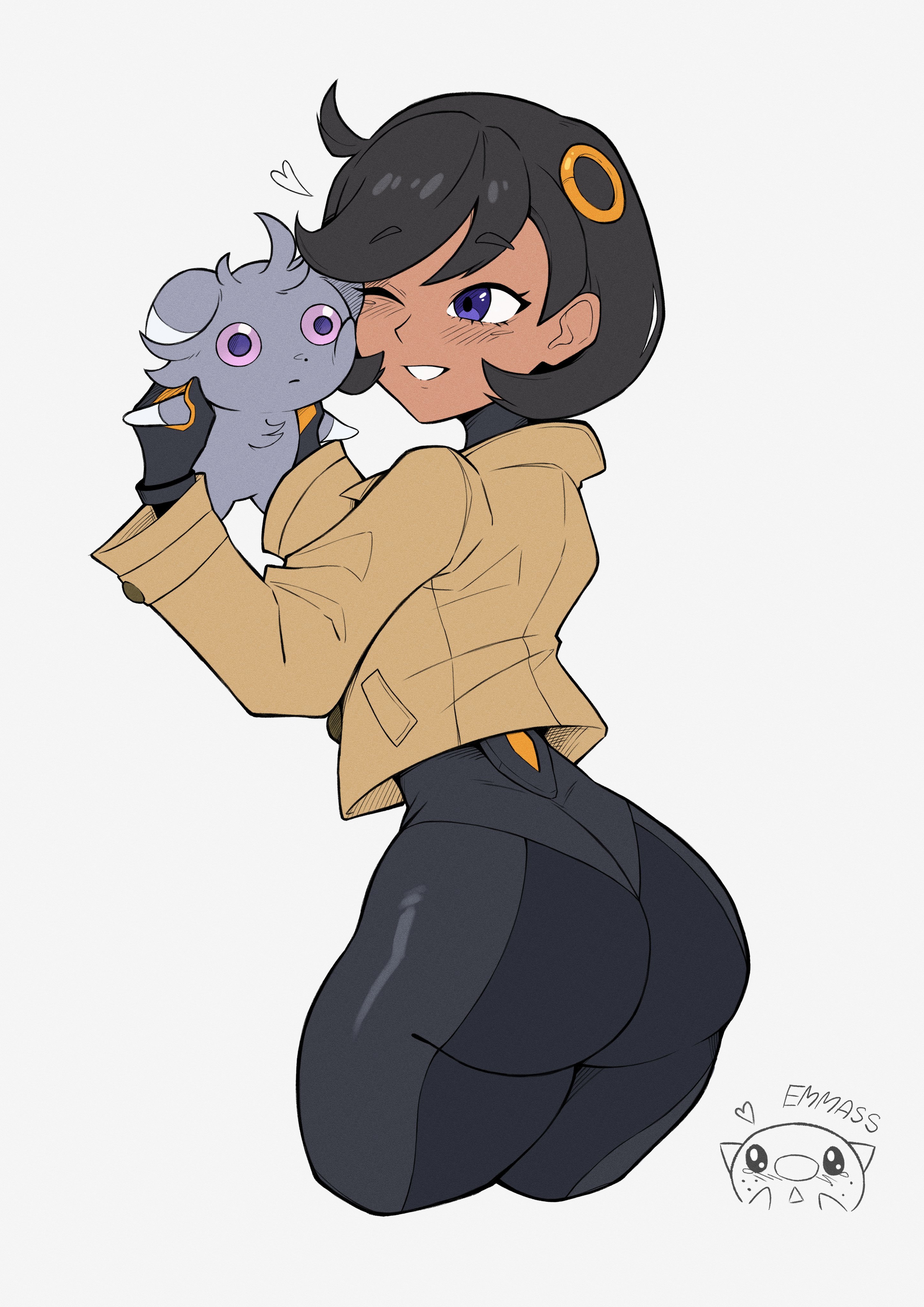 1girls, ass, big ass, black hair, blue eyes, bodysuit, bodysuit under clothes, csr ap07, dark skin, emma (pokemon), espurr, female, female only, from behind, gloves, highres, huge ass, jacket, long sleeves, matiere (pokemon legends: z-a), matiere (pokemon), mijumaru, nintendo, nyasper, pokemon, pokemon legends: z-a, purple eyes, short hair, white background, wide hips