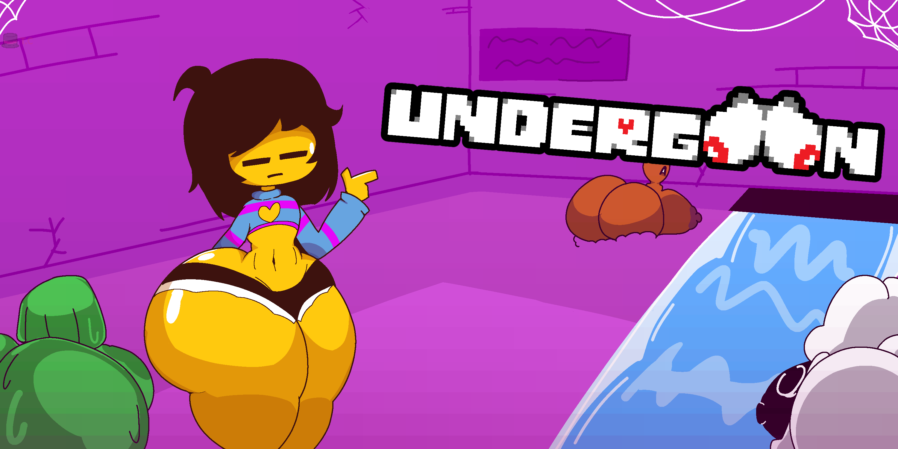 big thighs, boob window, breasts, female frisk, flat chest, frisk, frisk (undertale), frisky (undergoon), froggit, luculentloiter, moldsmal, nipple bulge, shorts, tagme, thighs, undergoon, undertale, undertale (series), vegetoid