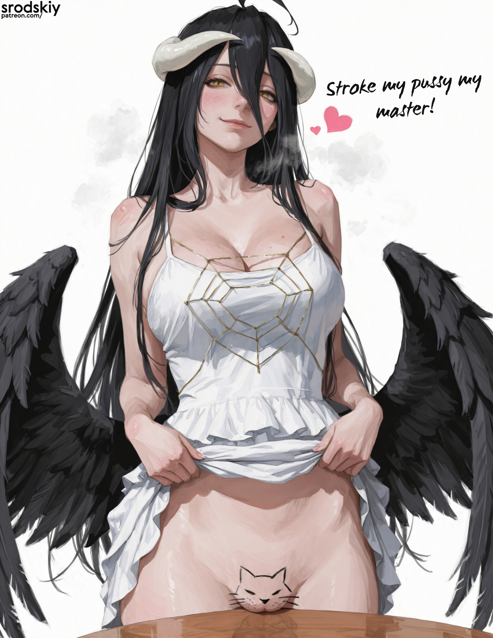 1girls, against table, ai generated, albedo (overlord), demon girl, demon horns, do you want to pet my cat (meme), dress lift, female, female only, hentai, horns, horny, large breasts, masturbation, meme, overlord (maruyama), pussy, sexy, srodskiy, succubus, tagme, vulgar