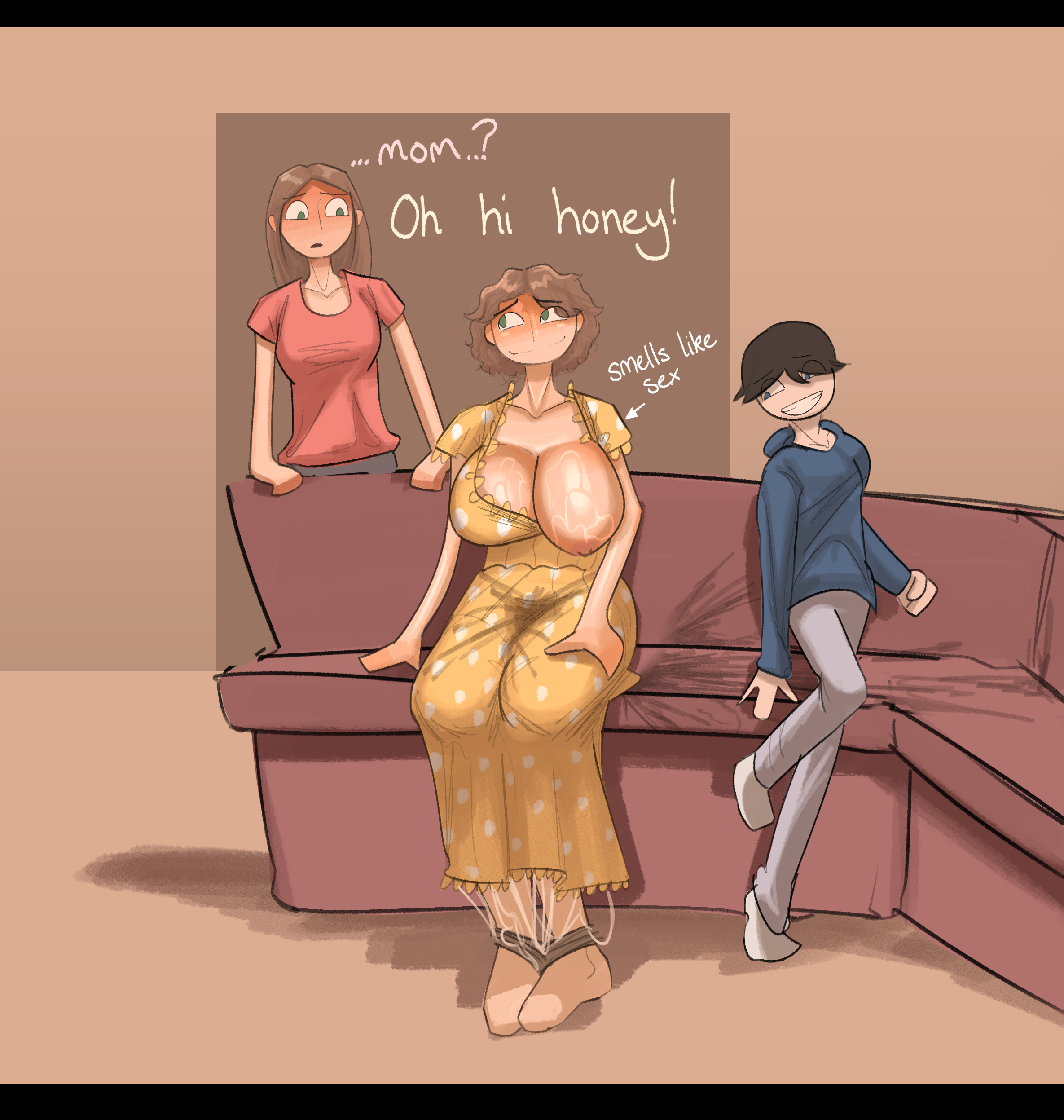 1boy2girls, after sex, breasts, breasts out, cheating, cheating boyfriend, cheating mother, cheating wife, clothing, dress, fm001, implied penetration, implied sex, large breasts, larger female, milf, mother and daughters boyfriend, older female, shorter male, smaller male, taller female, younger male