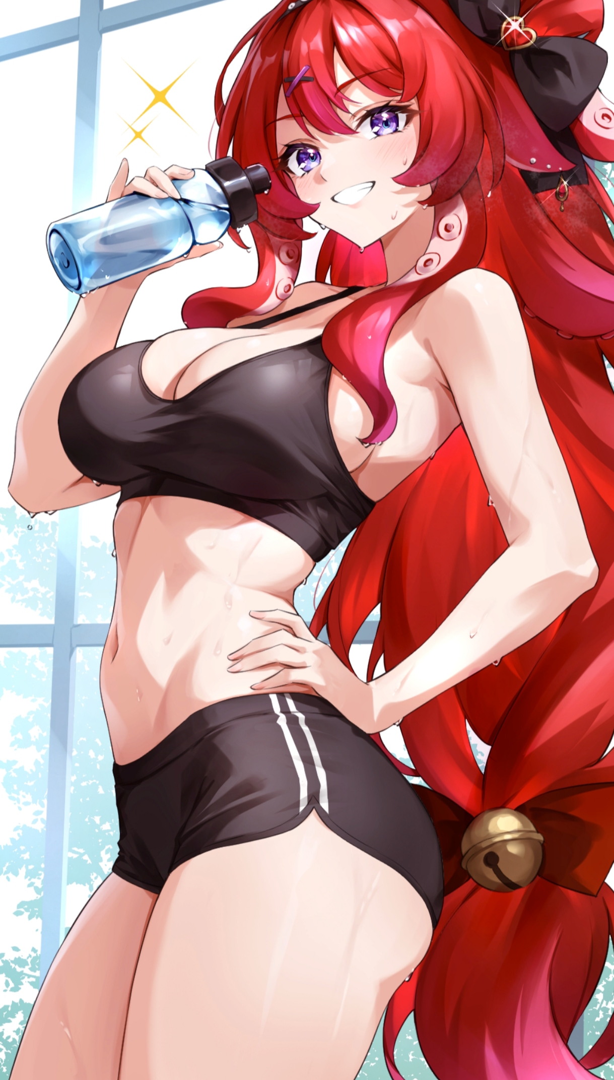 1girl, ass, bell, berrycrepe, berrycrepe (vtuber), black bow, black shorts, black sports bra, bottle, bow, breasts, cleavage, commentary request, commission, dolphin shorts, english commentary, grin, hair bell, hair bow, hair ornament, hand on own hip, heart, highres, holding, holding bottle, indie virtual youtuber, jewelry, jingle bell, large breasts, long hair, looking at viewer, low-tied long hair, mixed-language commentary, navel, purple eyes, red bow, red hair, shiraiwa usagi, short shorts, shorts, skeb commission, smile, solo, sports bottle, sports bra, sportswear, squid girl, stomach, suction cups, sweat, tentacle hair, thighs, virtual youtuber, vtuber, water bottle, x hair ornament