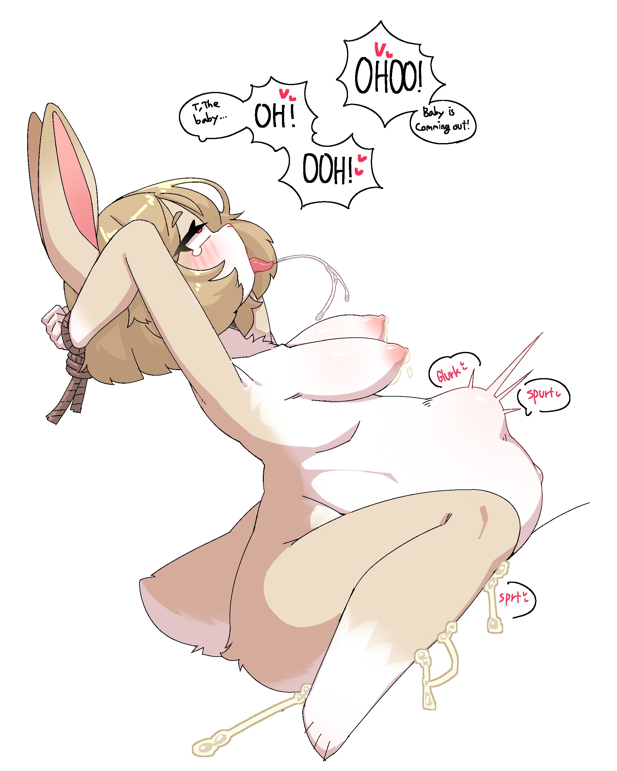 ahe gao, anthro, beige fur, beige hair, bunny girl, cum, furry, giving birth, jupiter europe, labor, lagomorph, lagomorph humanoid, nude, nude female, pregnant, pregnant belly, pregnant female, red eyes, restrained arms, rope, rope bondage, simple background, text, white background, white fur, white sclera
